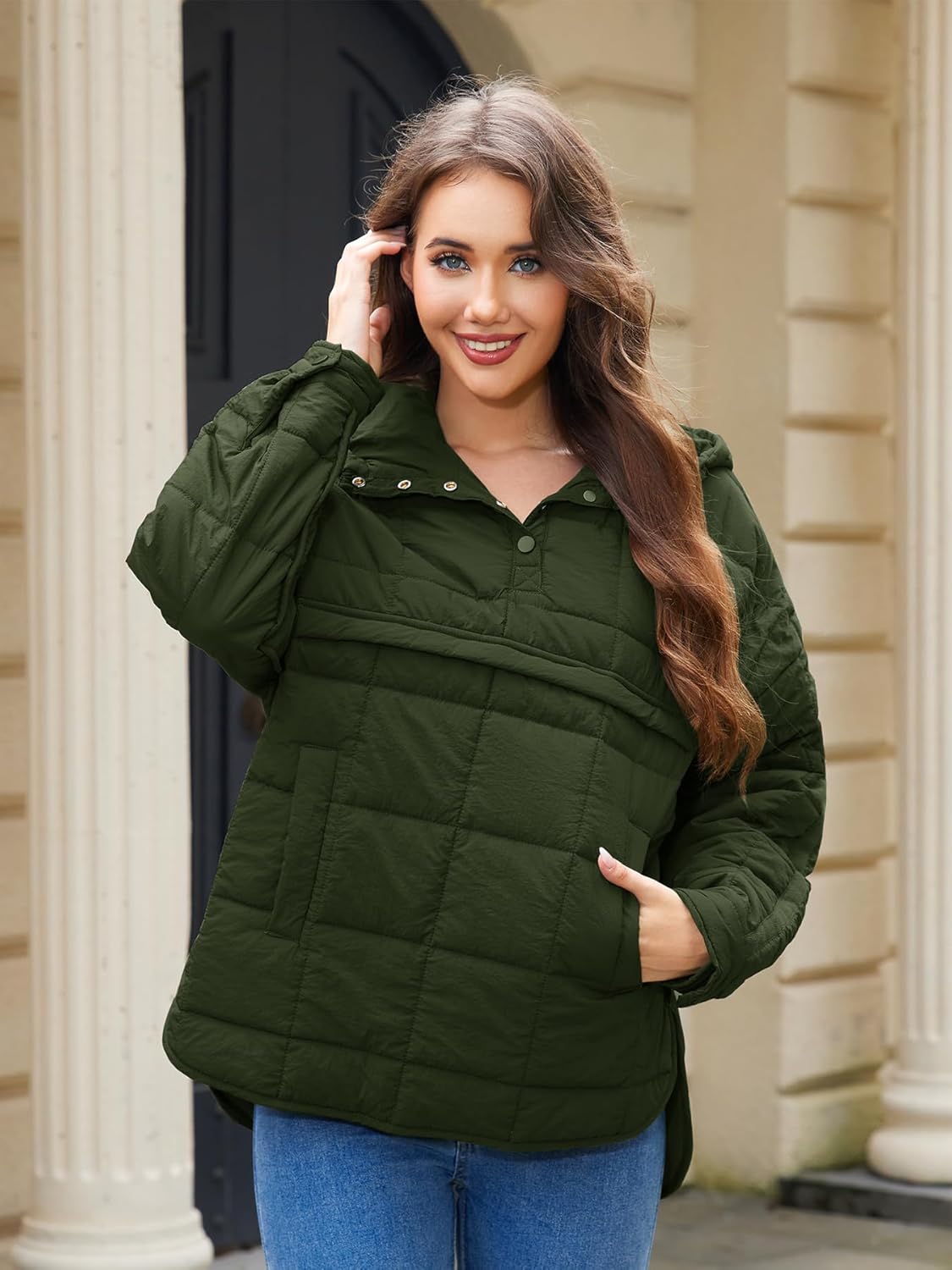 Womens's Lightweight Down Coat Long Sleeve Button Quilted Pullover Puffer Jacket Packable Hooded Winter Coat(Army Green,Medium) - Image 2