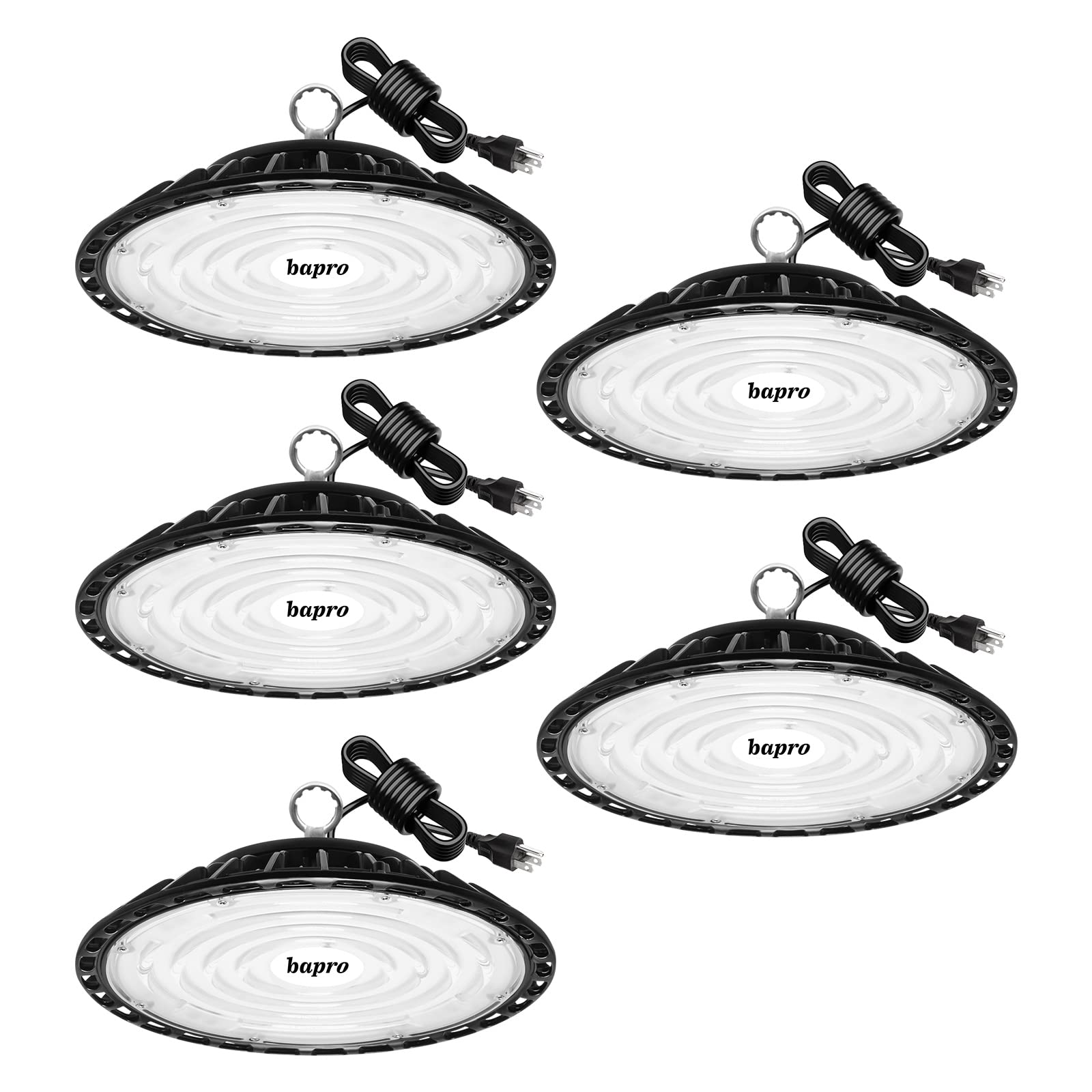 bapro 5 Pack 300W UFO LED High Bay Light Factory Warehouse Industrial Lamp 6500K Daylight White LED Commercial