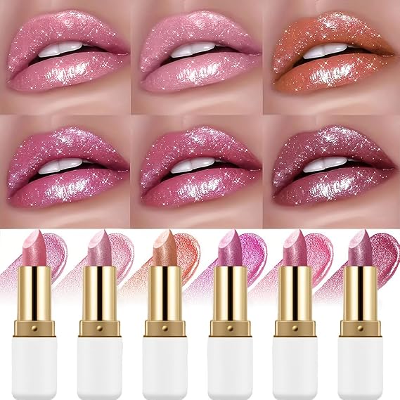 Metallic Hot Pink Glitter Lipstick,High Impact Shimmer Lipcolor, TransferProof Diamond Lipstick, Moisturizing Non-Sticky High Pigmented Lip Makeup for Women, Shimmer Lip Makeup Gift(08PalePink)