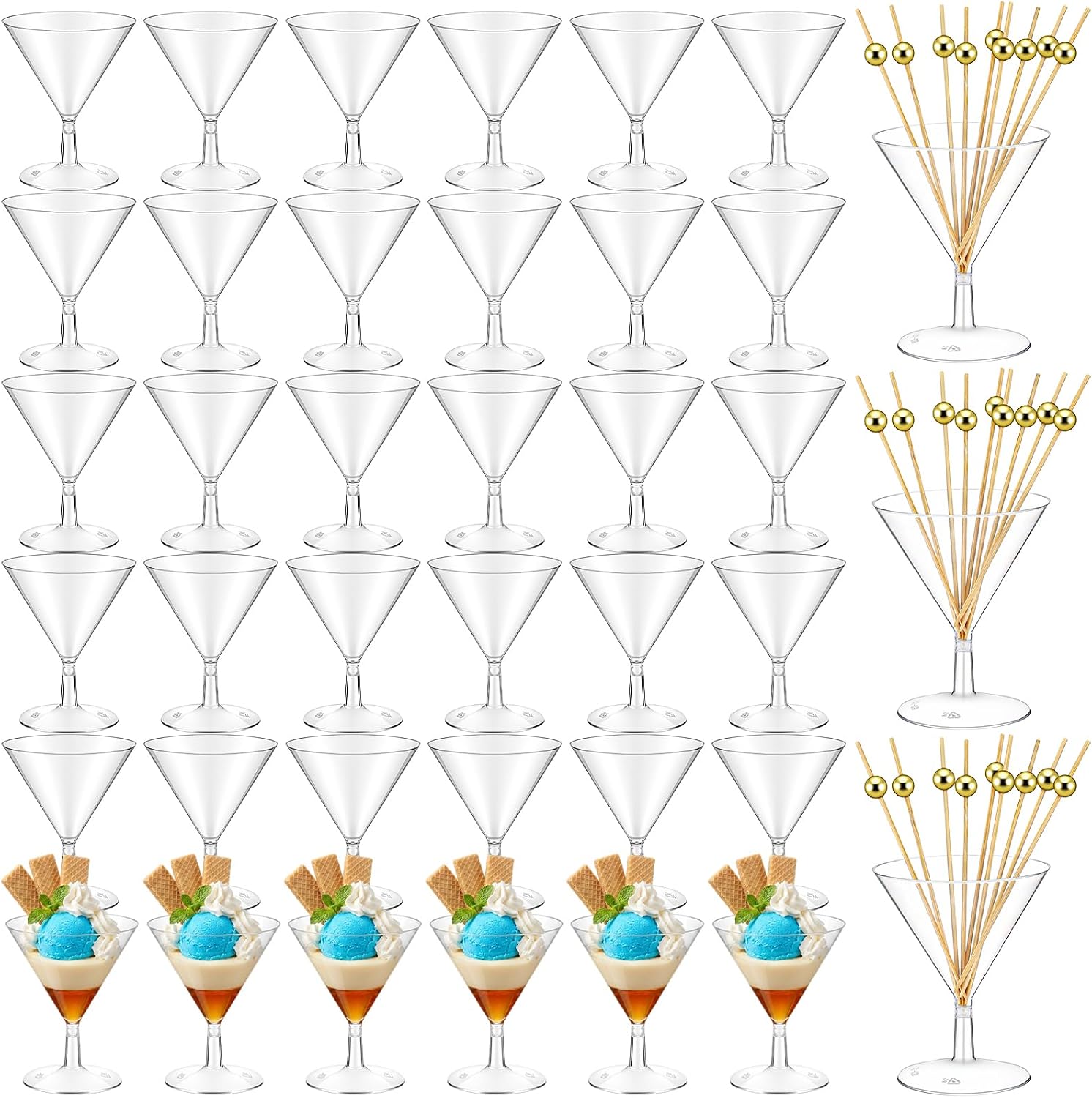 100 Pcs Disposable Clear Cocktail Dessert Glasses Set with 100 Gold Picks
