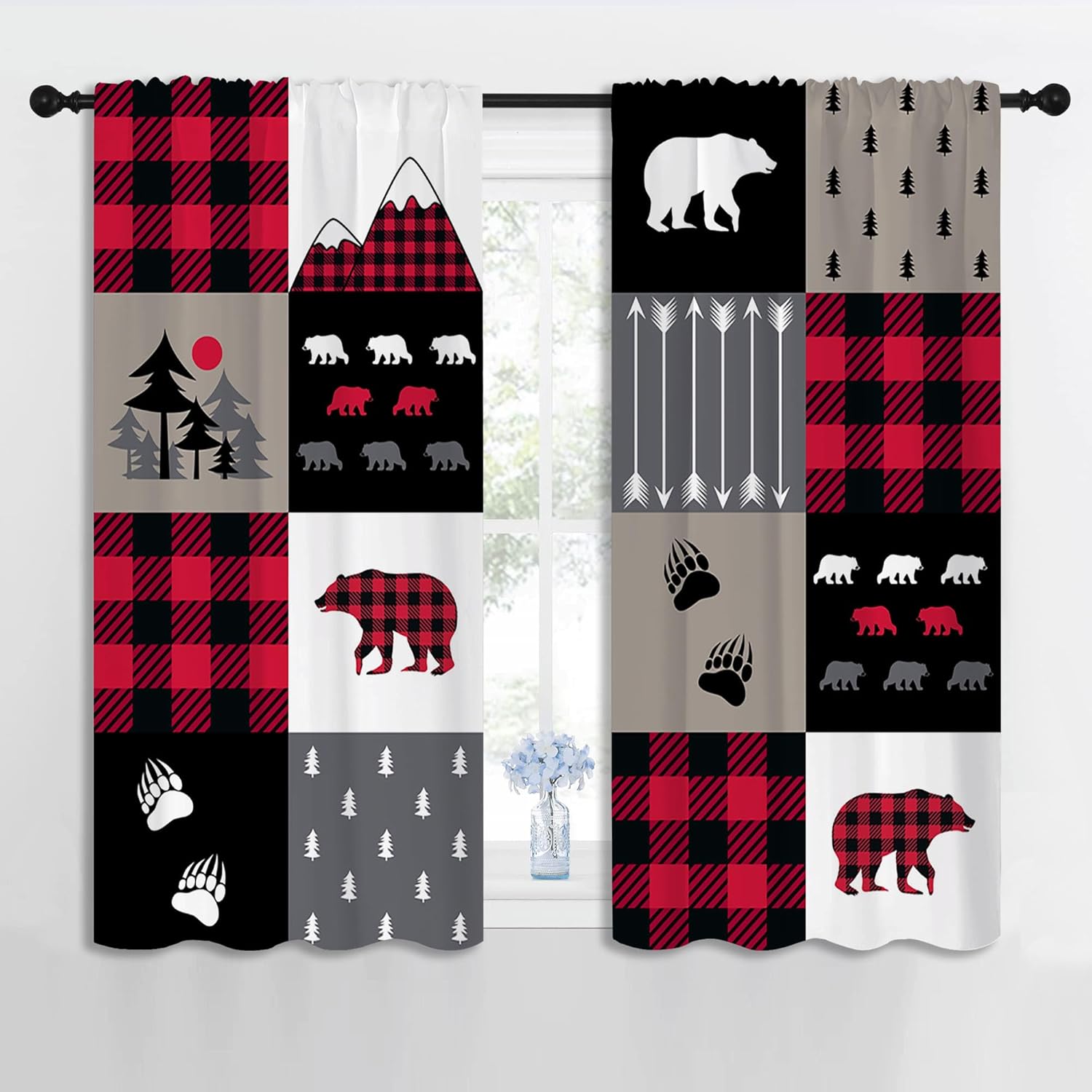 Red Black Plaid Bear Rod Pocket Blackout Curtains for Boy Girl Bedroom, Christmas Abstract Animal Paws Forest and Arrow Light Filtering Window Drapes for Living Room Home Decor Privacy, 42x63 inch