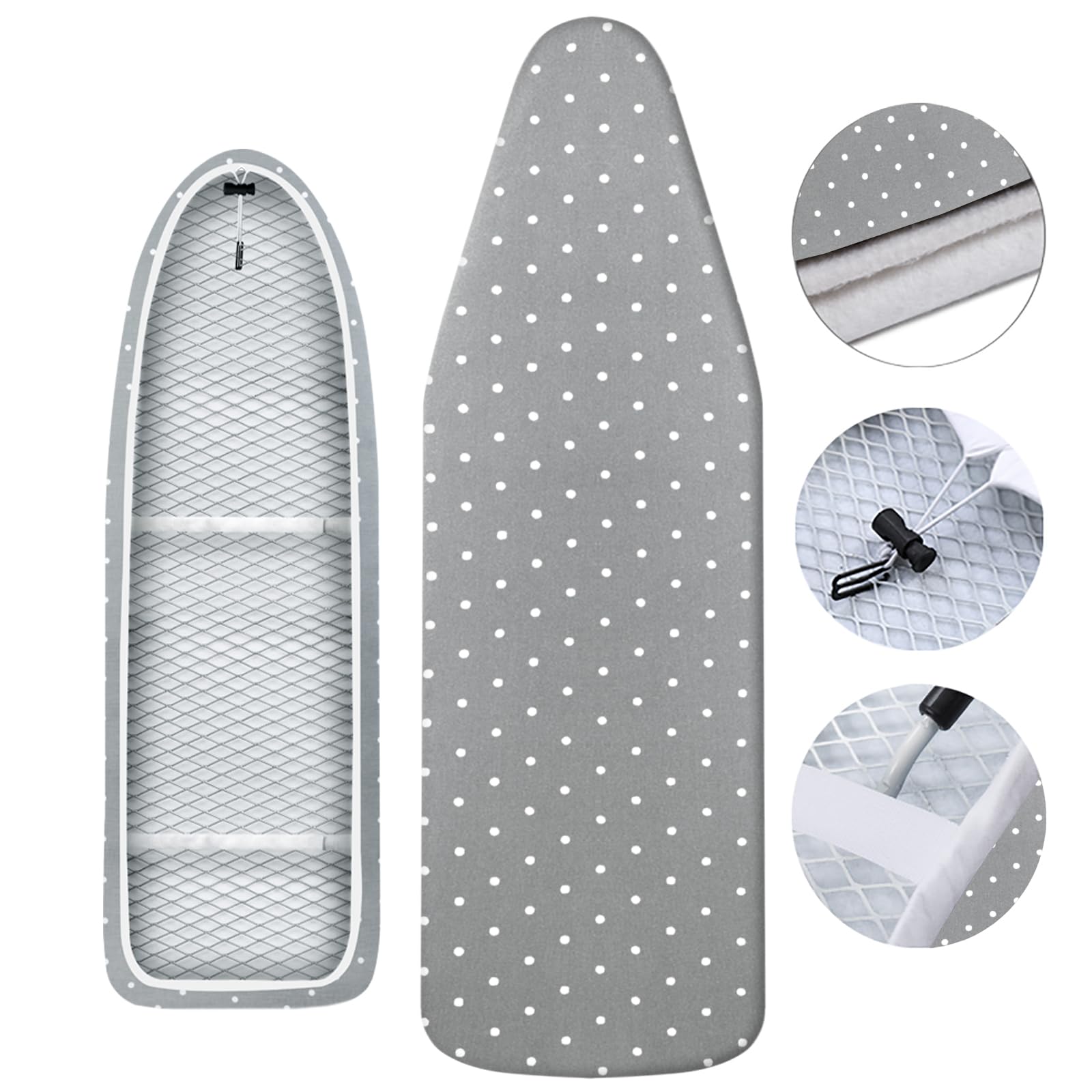 Fundas para tabla de planchar, extra grande, con parte superior 100% algodón y acolchado grueso, fácil ajuste y resistente a las quemaduras (punto gris, L)