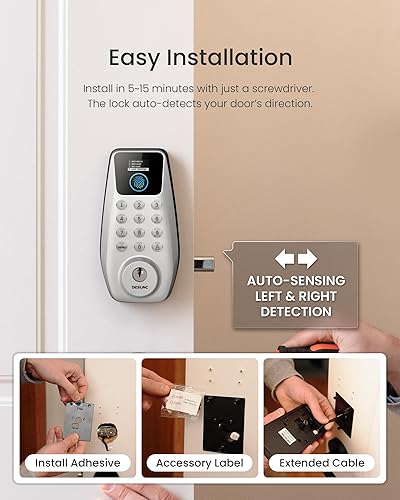 Miniatura 7 de DESLOC C110 Cerraduras de puerta de entrada sin llave de huellas dactilares, cerrojo inteligente para puerta delantera con 2 manijas de palanca,