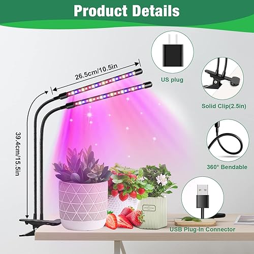 Miniatura 5 de Garpsen Luces de cultivo para plantas de interior, 2 luces LED de espectro completo de 2 cabezales para inicio de semillas, 80 luces LED de cultivo