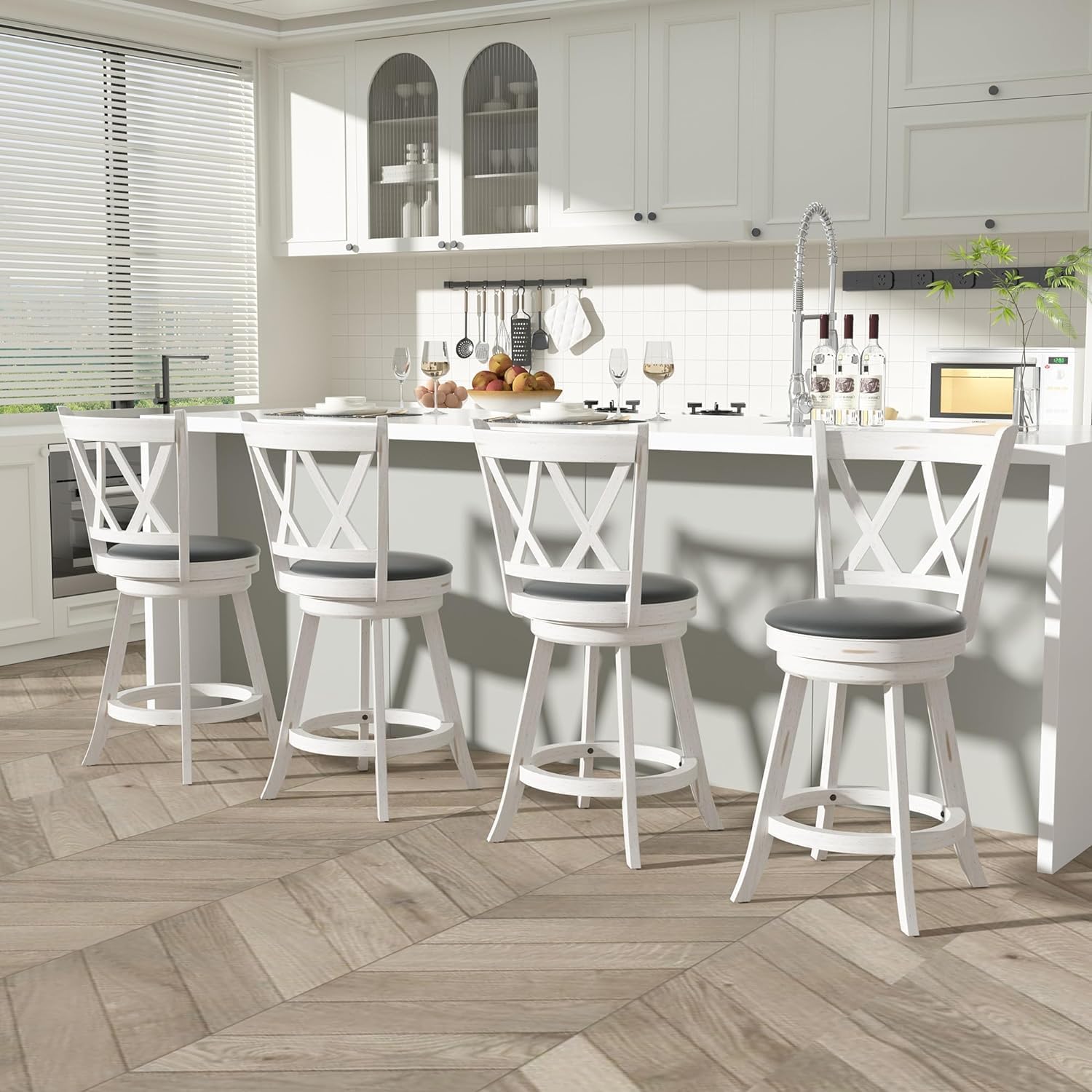 Betterhood 24" Counter Height Swivel Bar Stools - High Back Swivel Counter Stools with Upholstered Seat & Solid Wood Footrest, Counter Bar Chairs for Kitchen Island & Pub (Antique White, Set of 2)