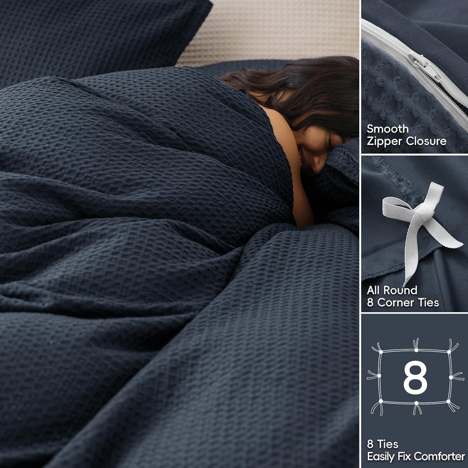 David's Home Waffle Weave Duvet Cover Set Queen Size,Soft Breathable 3pcs Comforter Cover Set with 2 Pillowcases,Textured Home Decor Bedding Set Cozy for All Seasons, Indigo 90"×90",No Comforter
