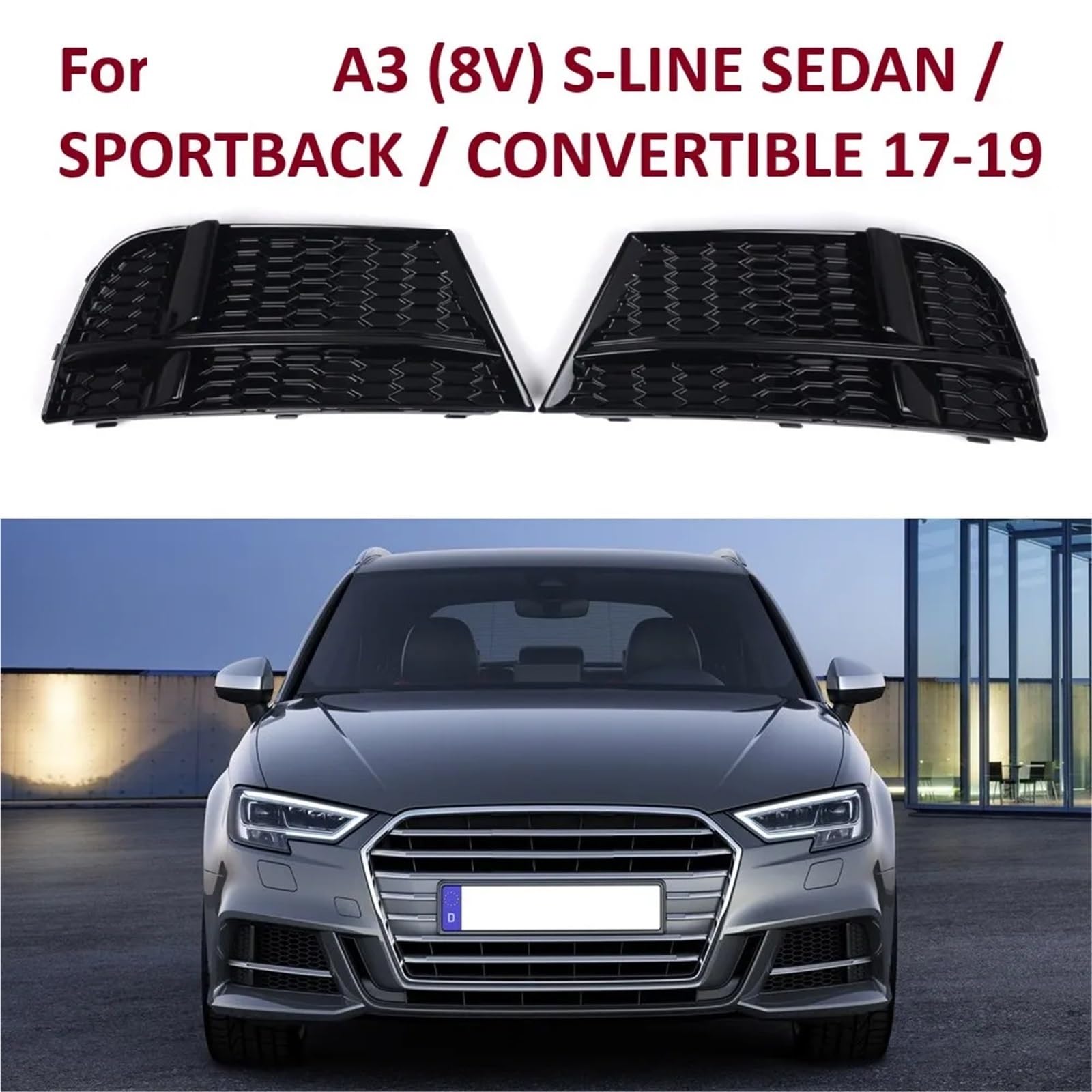 Parrilla de bisel luz antiniebla L/R compatible con AUDI A3 8V S-LINE SEDAN SPORTBACK CONVERTIBLE 17-19 Reemplace la cubierta rejilla del parachoques delantero(1Pair)
