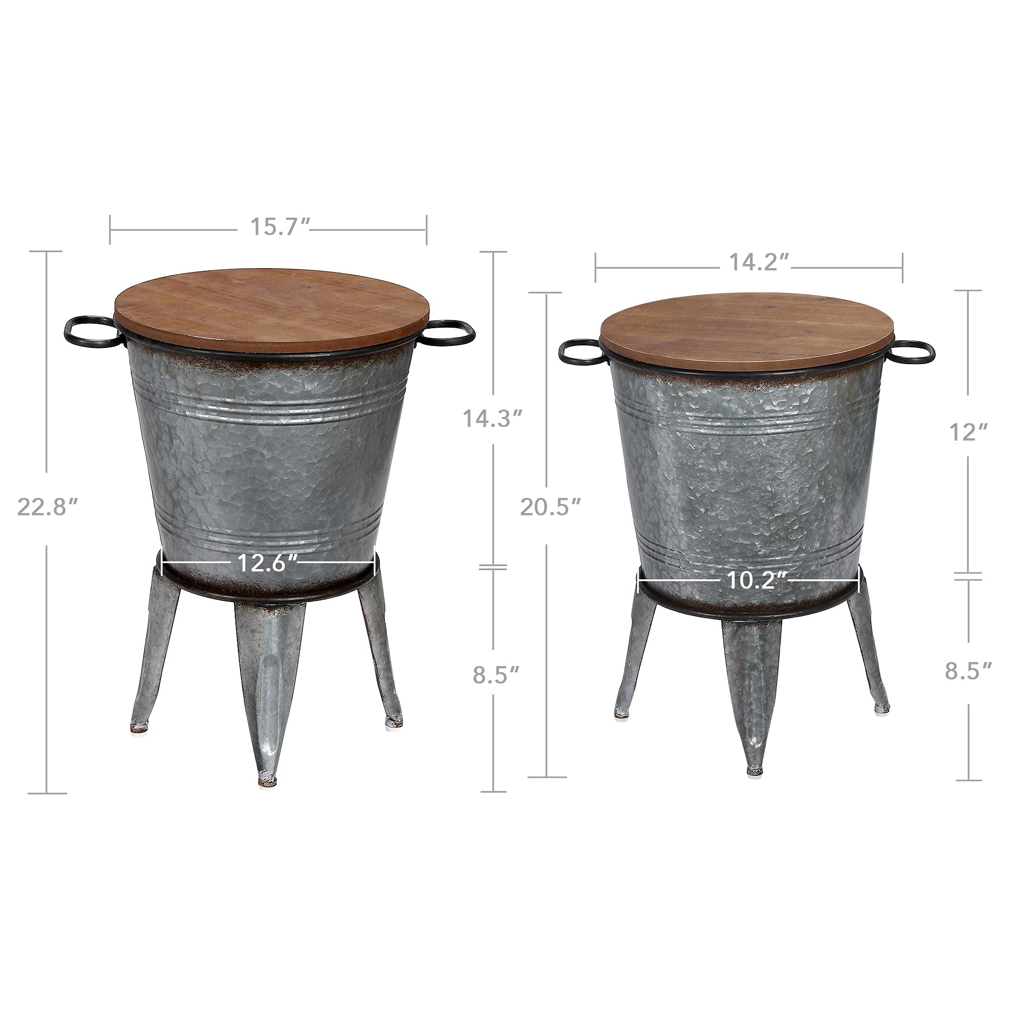 RUSTOWN Farmhouse Side Tables Set of 2, Galvanized Metal Bucket End Table | Storage Metal Bin with Round Wooden Lid, Accent Side Table, Rustic Antique Cocktail Table for Living Room, Bedroom, Outdoor