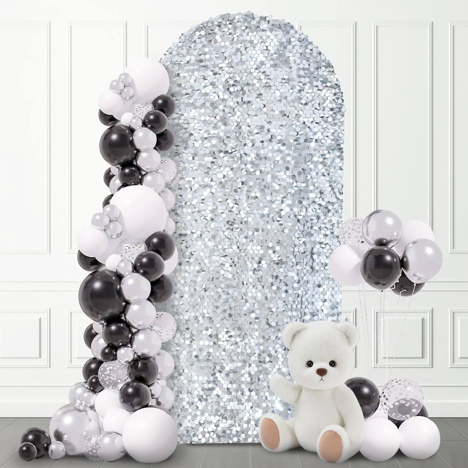 5 FT Bling Arch Backdrop Cover, Silver Sequin Wedding Arch Stand Cover, Round Top Fitted Chiara Backdrop Cover for Birthday Party Ceremony Baby Shower Banquet Decoration 5 FT Silver