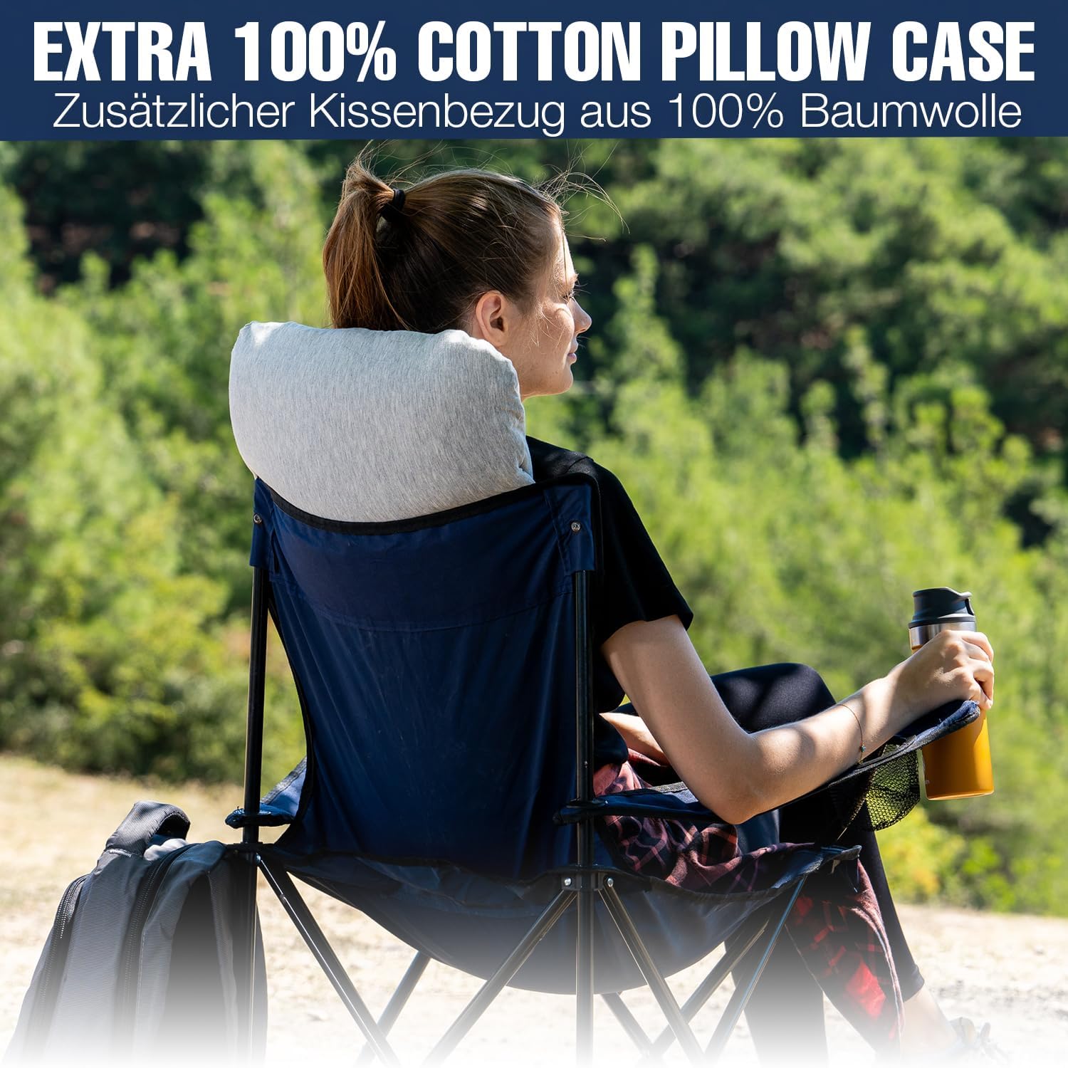 alkamto Almohada de Viaje Almohada de Camping – Espuma viscoelástica con Funda de algodón Adicional – Bolsa incluida