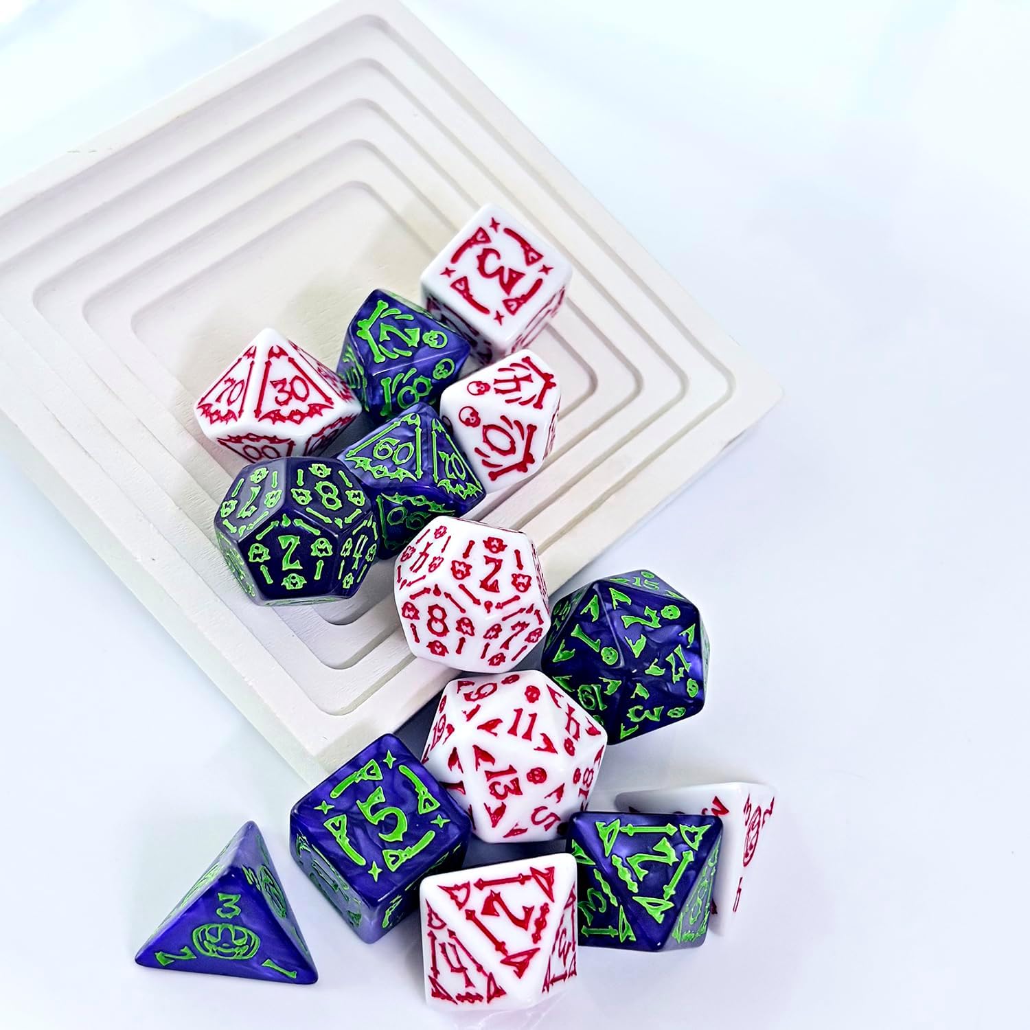 DND Dice 2 X 7Sets, 14Pieces Raised Pattern White Red and Purple Green Mixed Polyhedral DND Dice for RPG MTG Table Game Dice