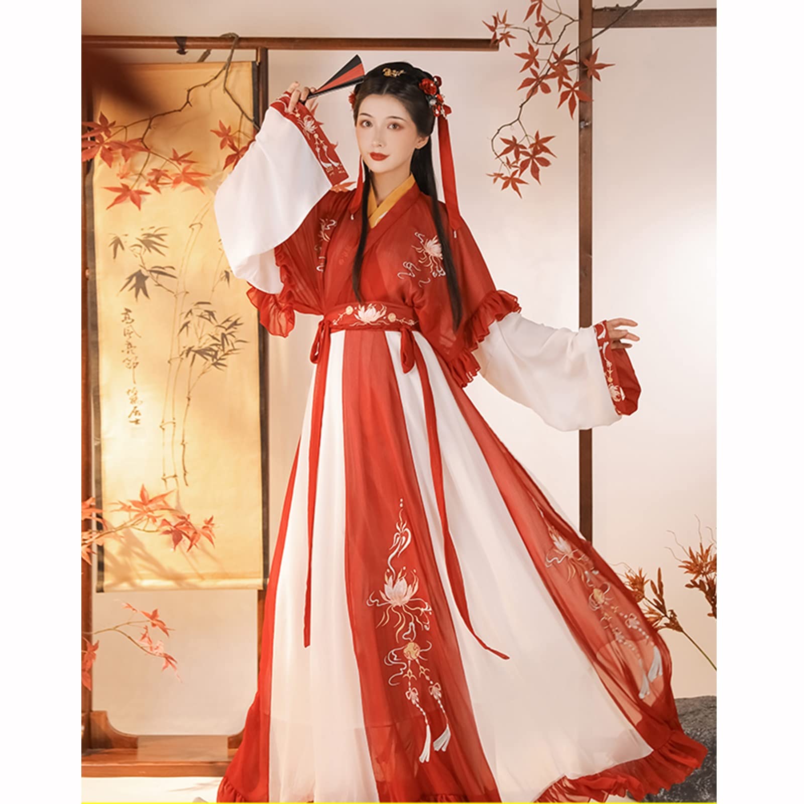 open lace back dress Red Chinese Style Hot Stamping Embroidery High Waisted Hanfu Dress Fu   LolitaInside