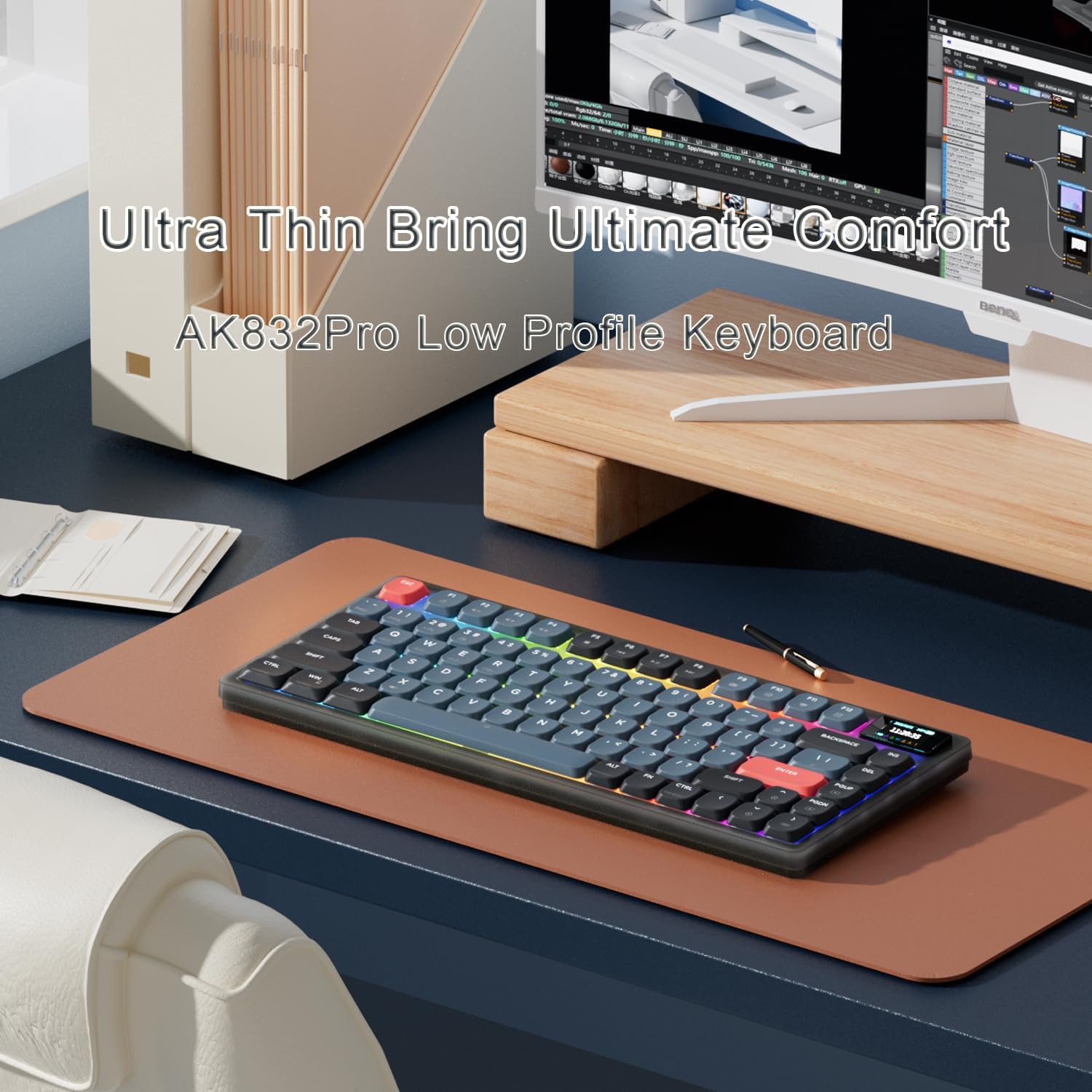 A.JAZZ AK832Pro Wireless Mechanical Gaming Keyboard 75% Low Profile Gasket with 2.4Ghz/Bluetooth 5.0/Wired Coiled Cable Screen Display RGB Backlight NKRO TKL for Win Mac Gamer (Ink Red/Blue Switch)