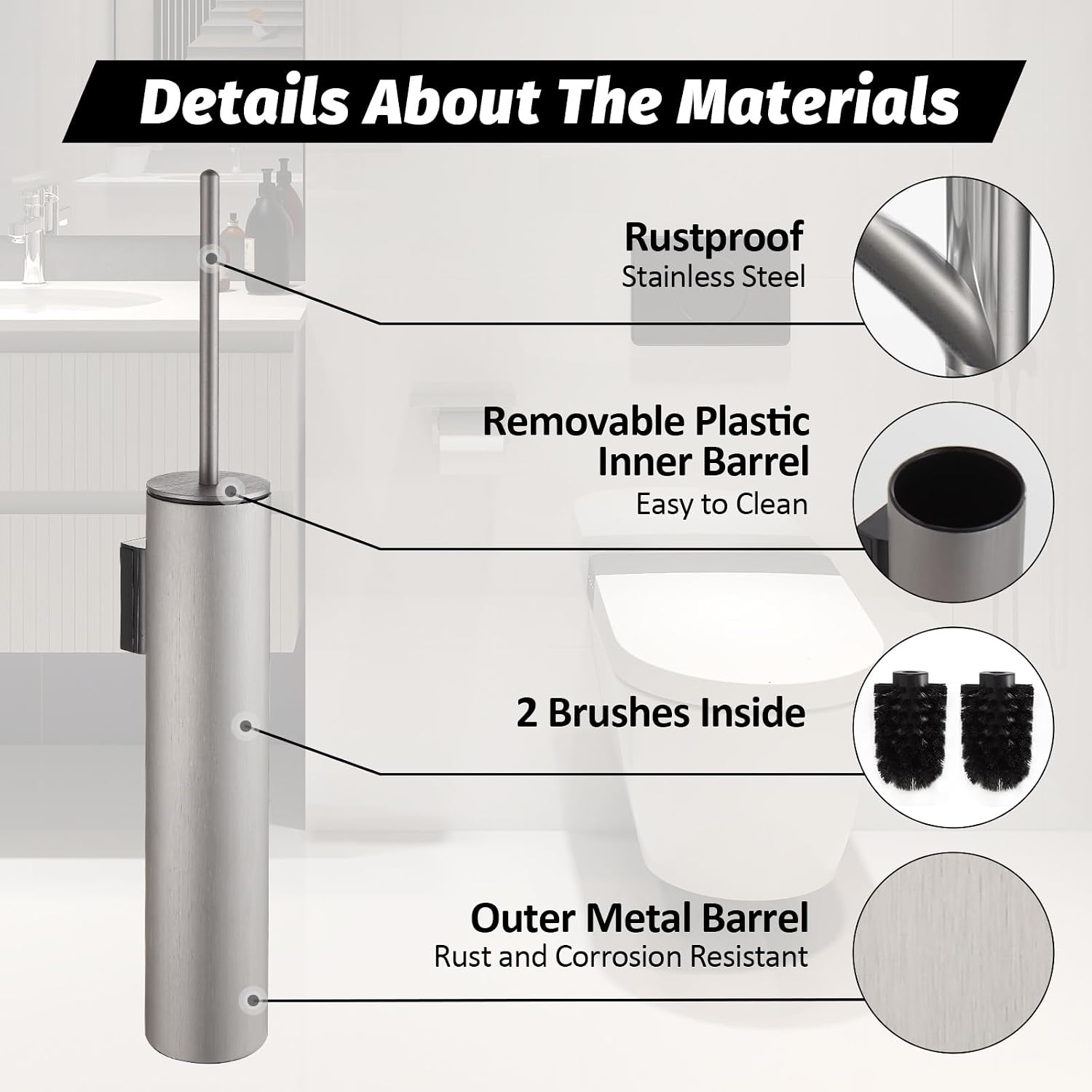 BGL Toilet Brush and Holder Set Brushed Nickel Wall Mounted for Bathroom Round Design image 3
