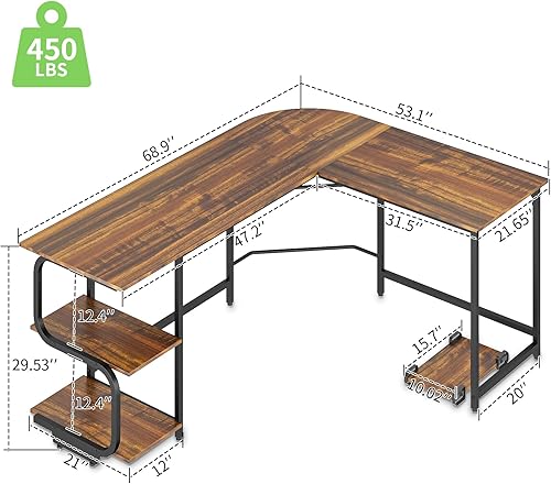 Miniatura 3 de Teraves Reversible L Shaped Desk with Large Surface, 69 Inch Sturdy Corner Desk with Storage Shelves, Premium Office Computer Desk Workstation for