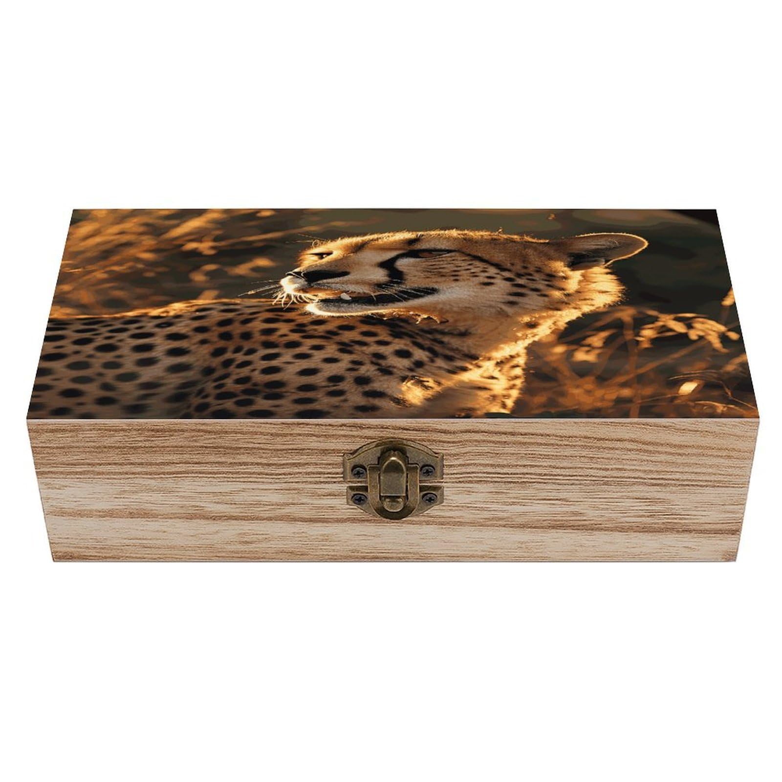 MUSM Cheetah Wooden Storage Box Vintage Wood Box with Lid Exquisite Crafts DIY Wood Gift Boxes Fashion Jewelry Boxes Art Stash Keepsake Storage Case Large Jewelry Case