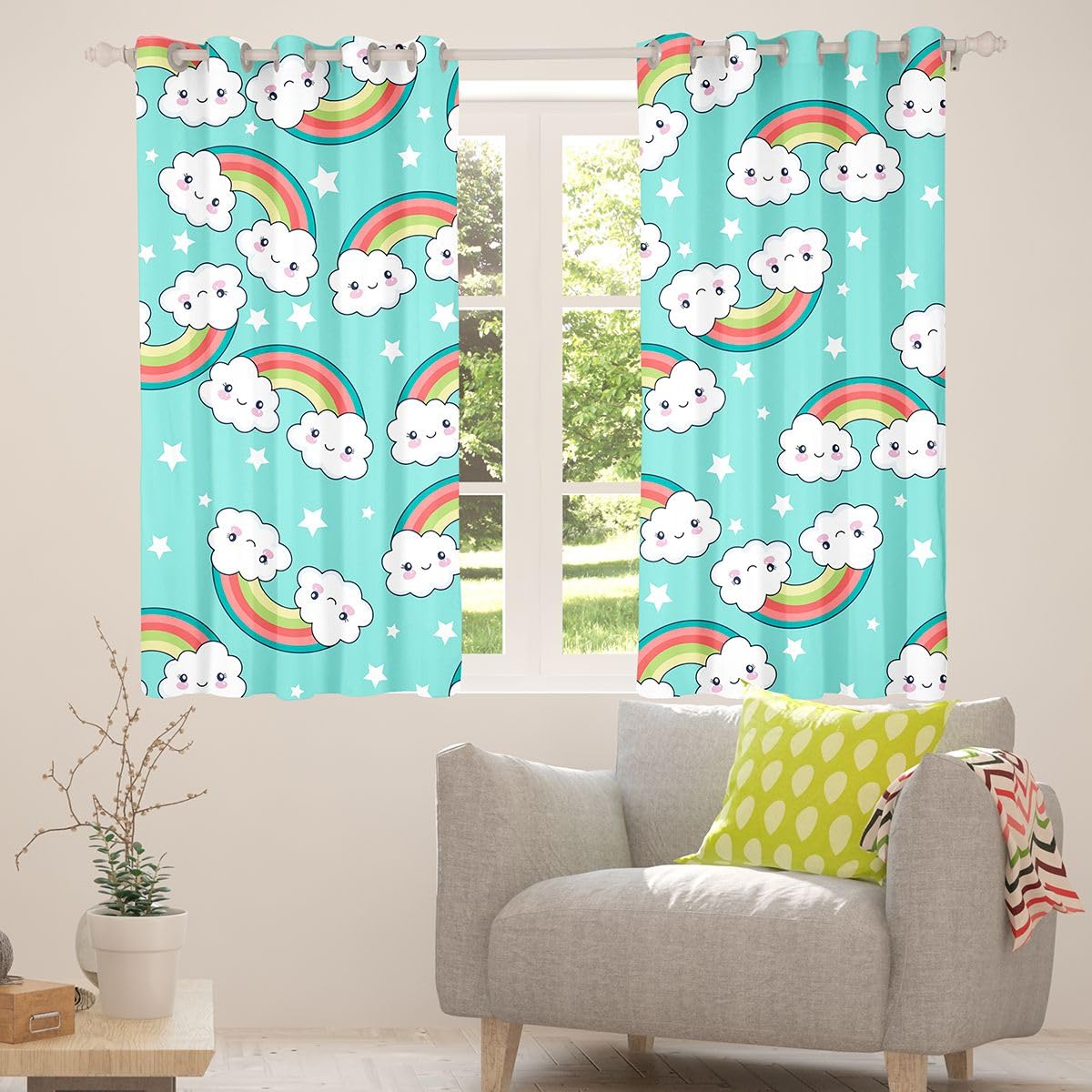 Homewish Rideau Occultant 117x183 cm Arc-en-Ciel,Rideau Nuages,Rideaux Voilage Enfants Garçons Filles Étoiles Imprimer Mignon Carton Nuage,Voilage Fenetre Kawaii Princesse de Rêve Tael pour Chambre