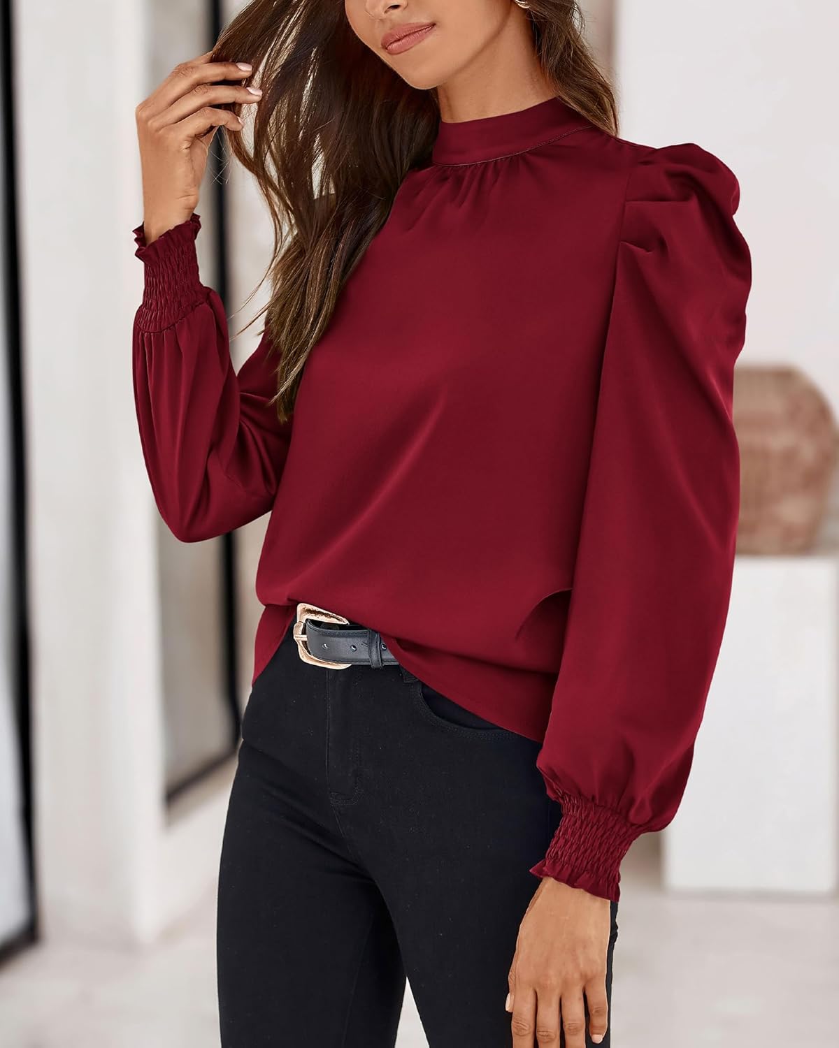 BTFBM Mock Neck Long Sleeve Blouses for Women Dressy Casual Business Work Shirts 2026 Spring Fall Clothes Satin Tops - Image 5