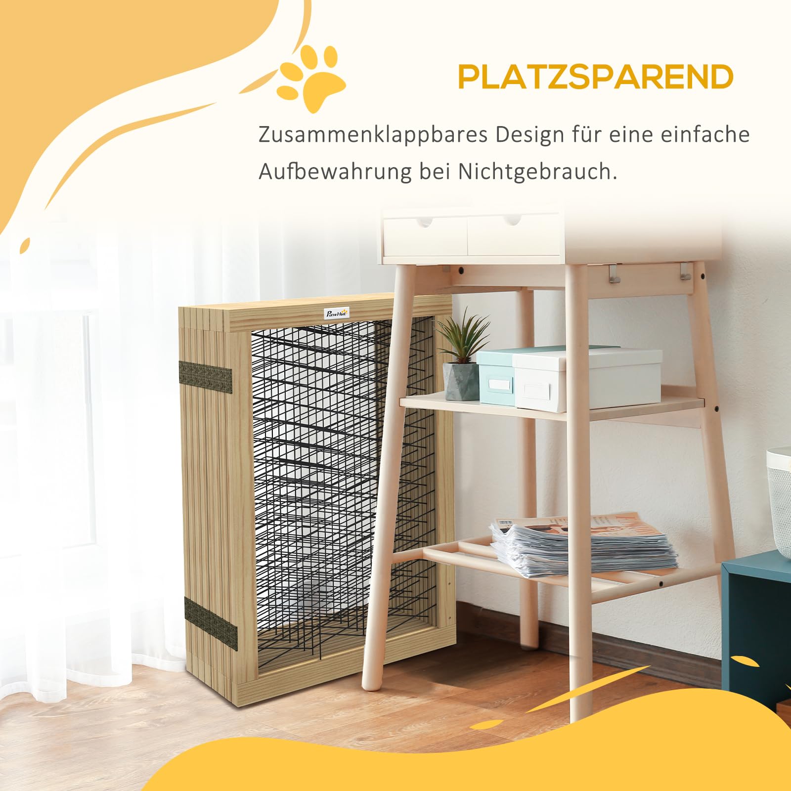 PawHut Hunde Absperrgitter aus Holz Türschutzgitter Natur 375 x 44 x 70 cm | Klappbares Hundegitter mit 8 Platten, Hundeabsperrgitter, Treppenschutzgitter, Kamingitter für Ofen