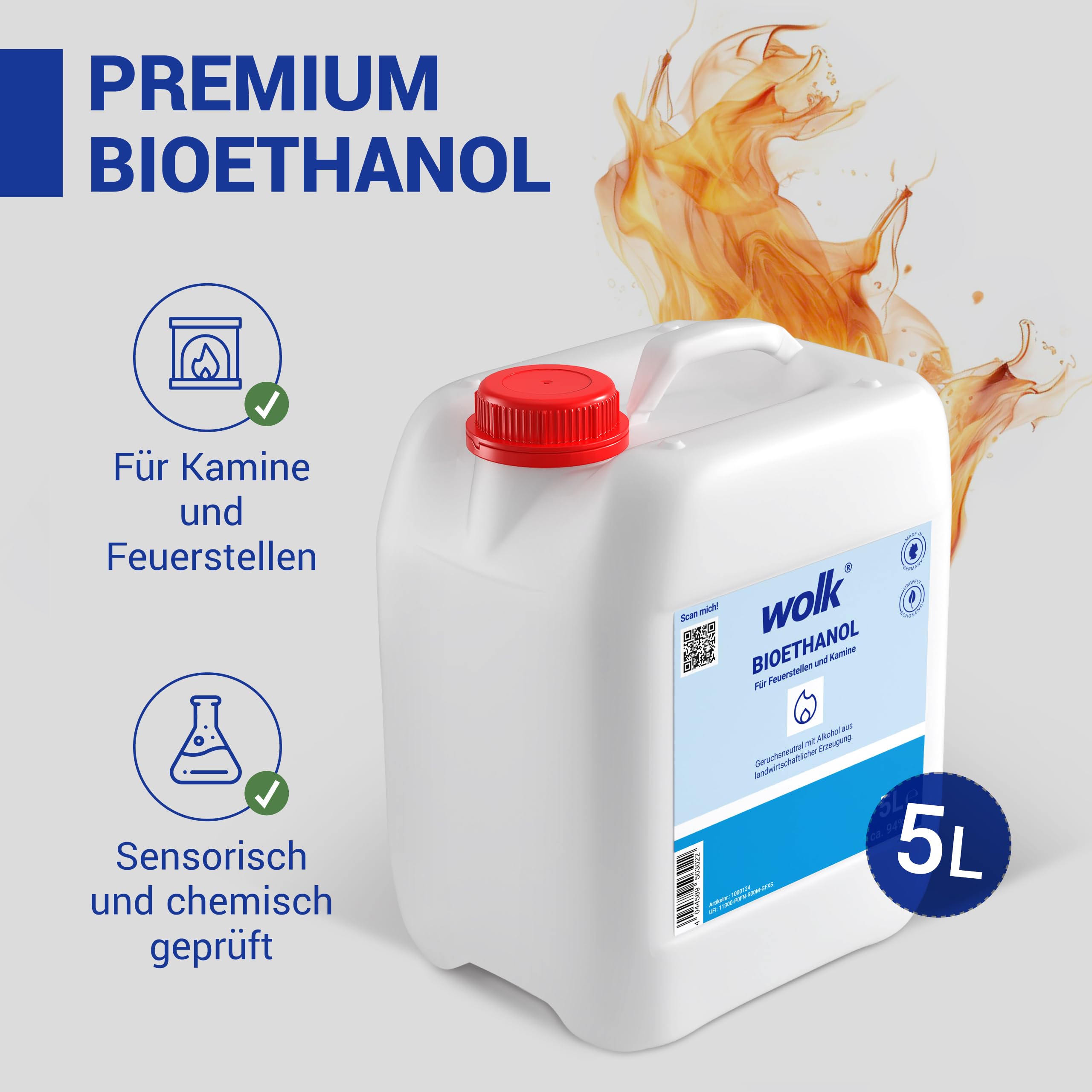 wolk Bioethanol 5L – Ethanol Kamin Brennstoff, Rußfrei & Geruchsneutral | Bio Ethanol 94% vol. aus nachwachsenden Rohstoffen Indoor & Außenbereich