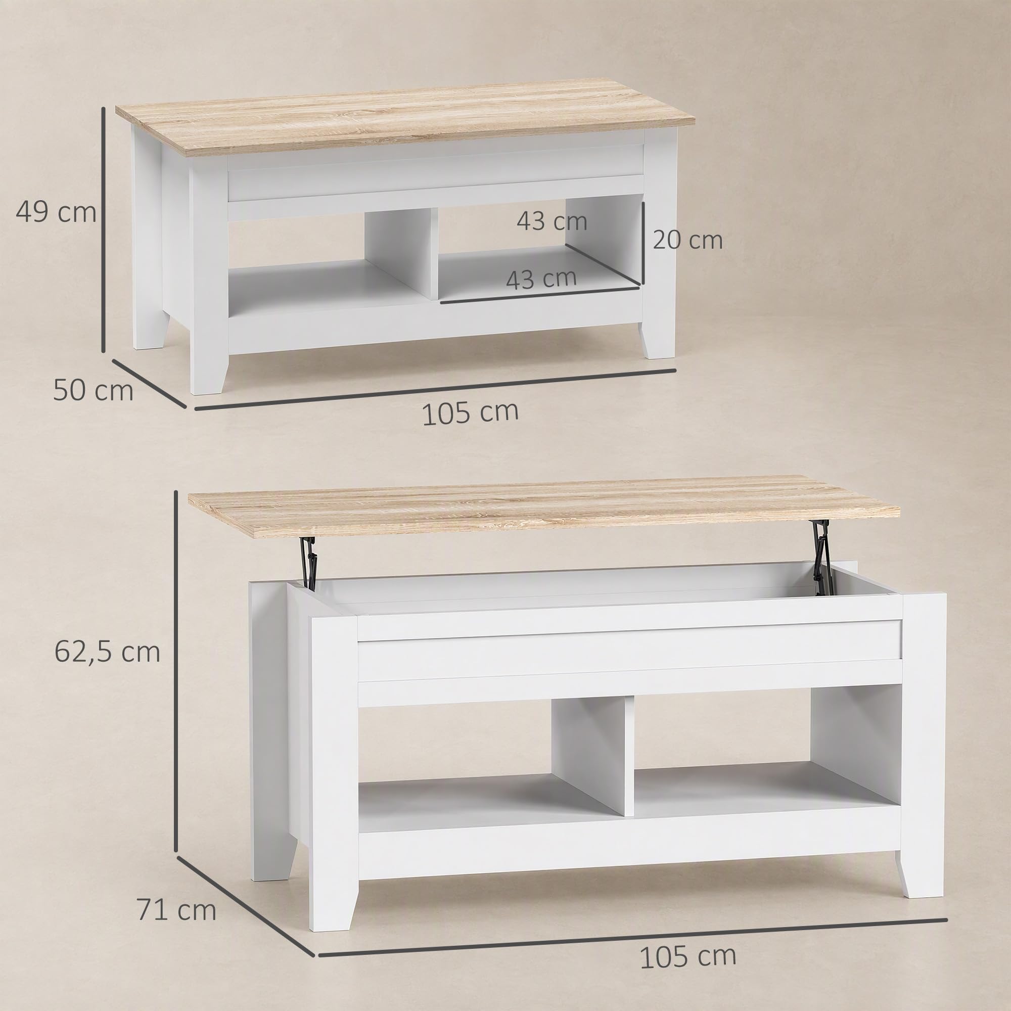 HOMCOM Table Basse Plateau Relevable 105x50x49-62,5cm Blanc