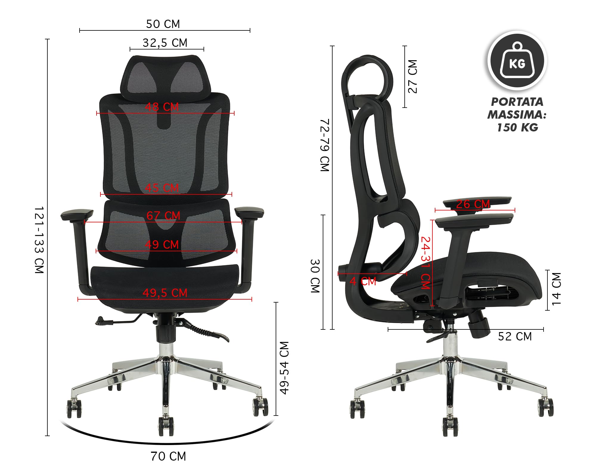 IlGruppone Sedia Ufficio Ergonomica Professionale Schienale Alto in Rete Gaming Poltrona Direzionale Altezza Regolabile Portata 150 kg con Supporto Lombare e Braccioli Regolabili - Nero