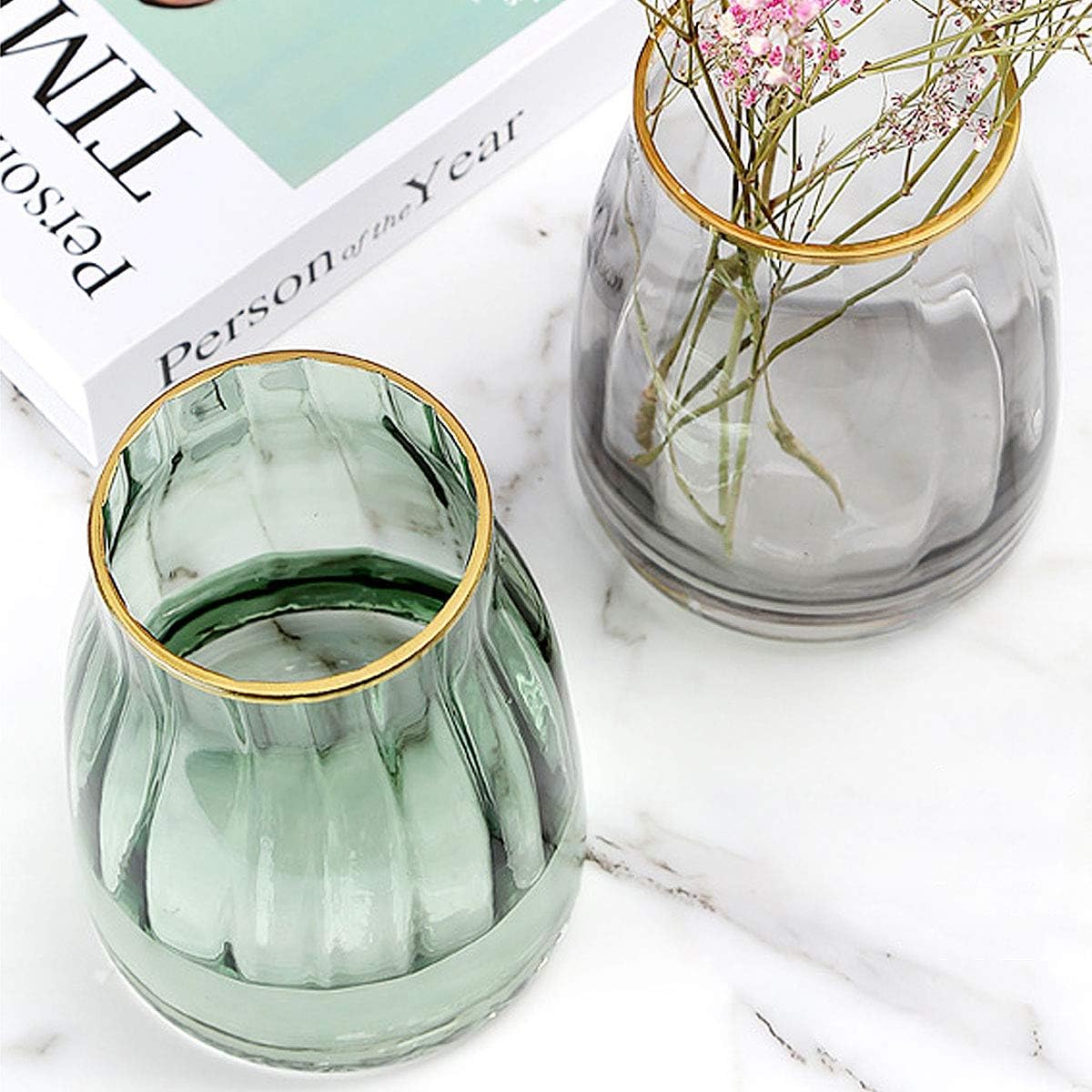VanEnjoy 7 inch Green Clear Simple Green Glass Flower Vase, Decorative Gilded Rim Vase Home Decor for Indoor Centerpiece - Image 4