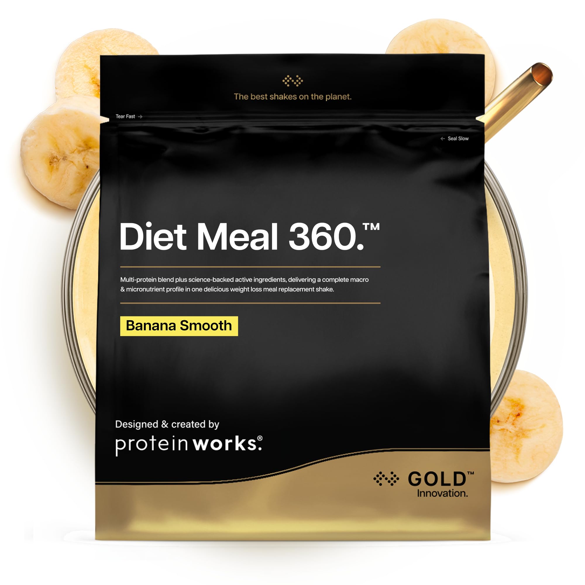 Protein Works | Diet Meal 360 - GOLD Innovation, Diet Meal Replacement Shake, Supports Weight Loss, 24 Vitamins & Minerals, Added Flaxseed, Inulin, Omega 3, Banana Smooth, 7 Meals, 500g
