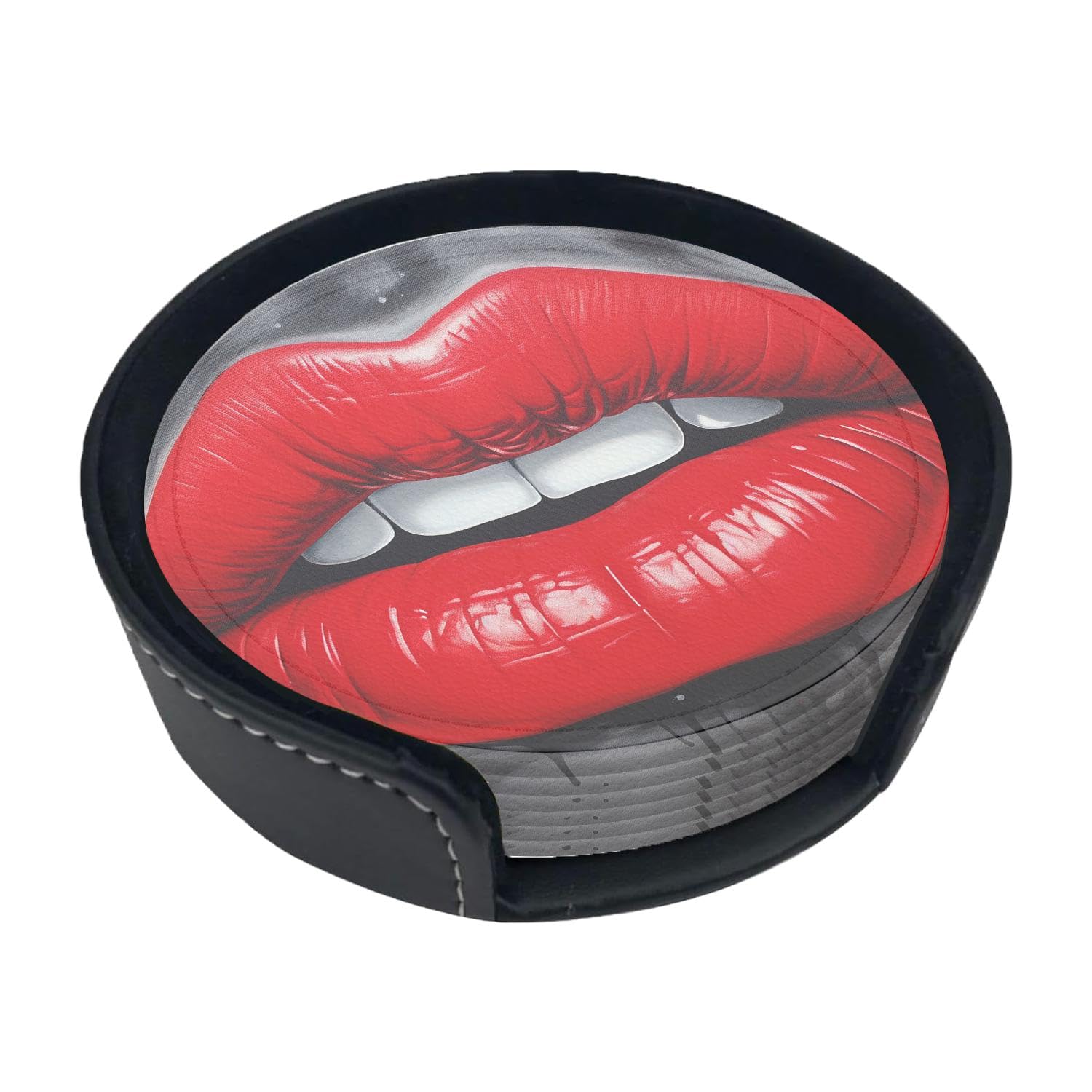 Sexy Biting Lips Woman Lip Black Print Set of 6 Table Coasters Modern PU Cup Coasters for Drinks, Coaster Set,4 Inches