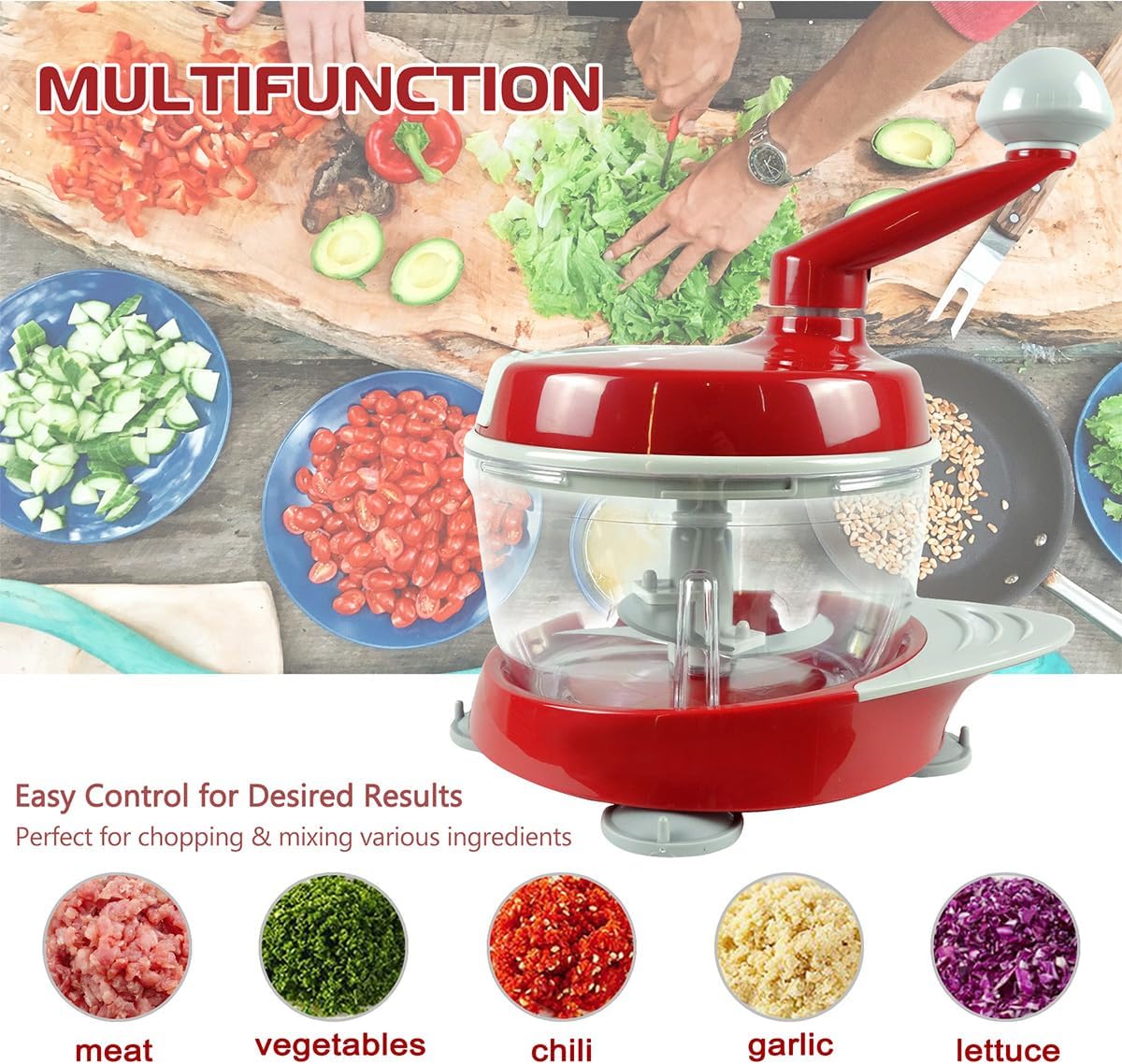 Versatile Hand-Cranked Food Processor - Manual Chopper, Meat Grinder Vegetable Chopper, Slicer Spinner Dicer for Salad, Fruits, Nuts, Herbs, and Onions - Includes Stable Base