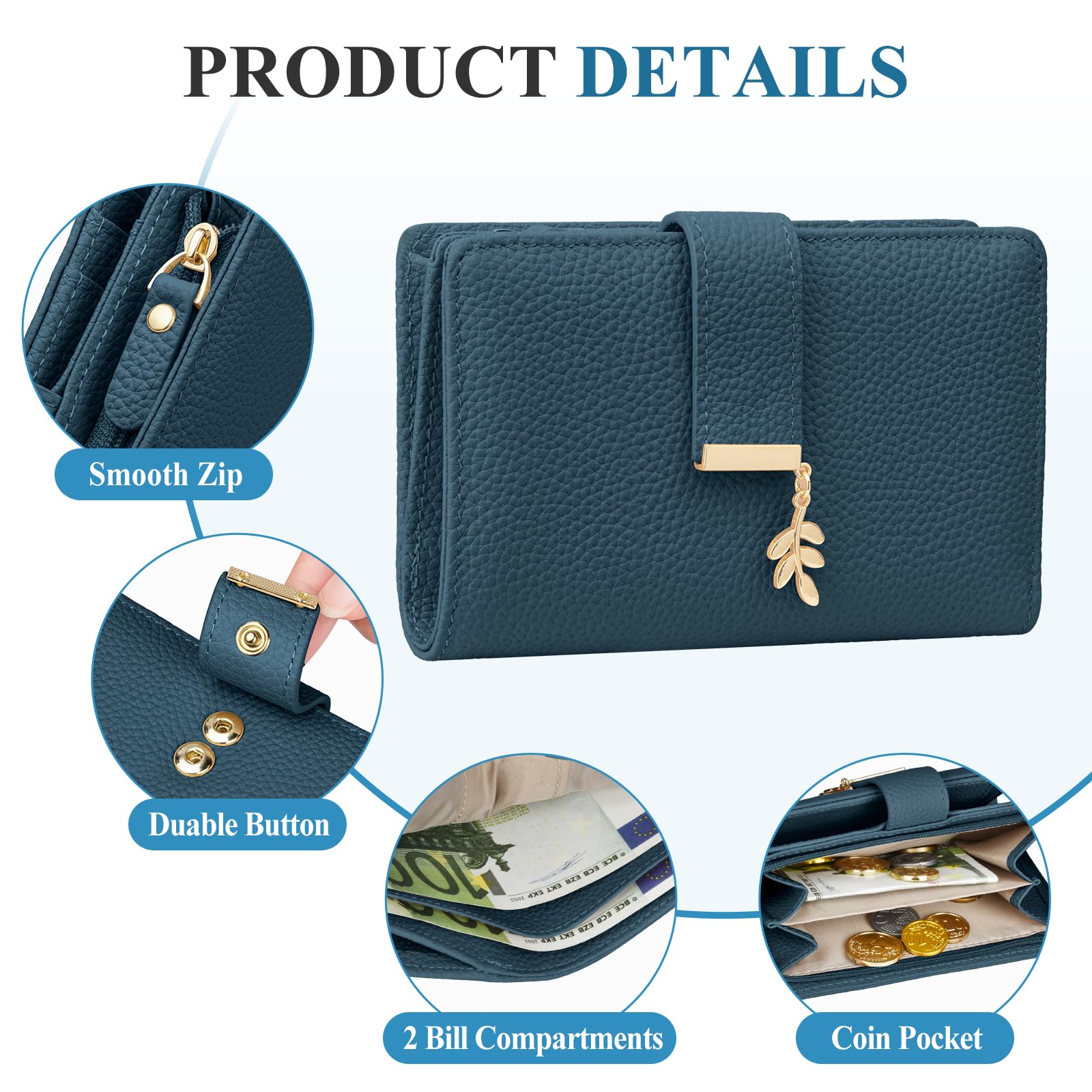 LUROON Portefeuille Femme Cuir, Petit Porte Monnaie Femme RFID Blocage Portefeuille Femme Petit Format avec Grand Compartiment à Monnaie Zippé