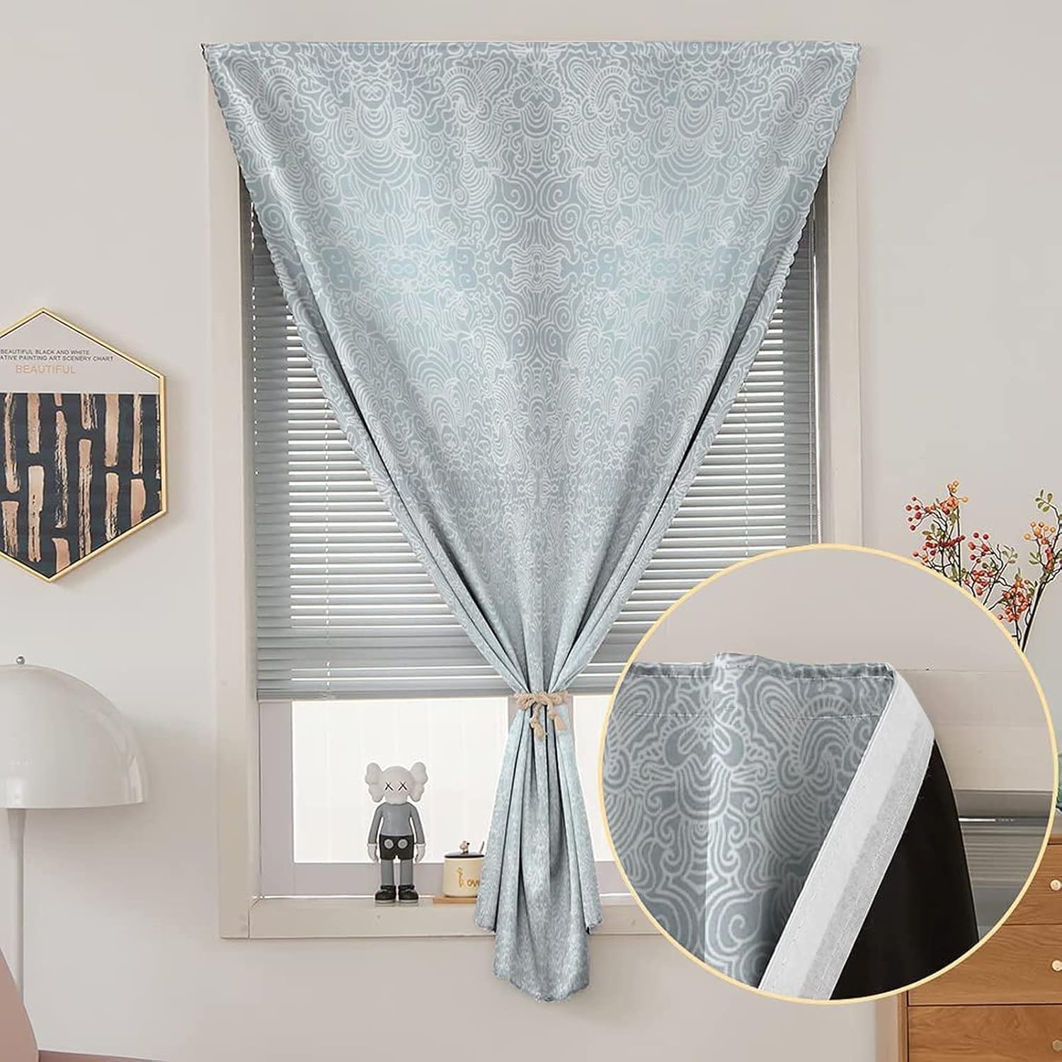 XISUNYA Self Adhesive Portable Blackout Curtains, Floral Room Darkening Curtains, Swirled Flower Lines Abstract Victorian Retro Rococo Print Temporary Blackout Blinds,26W x68L Inch