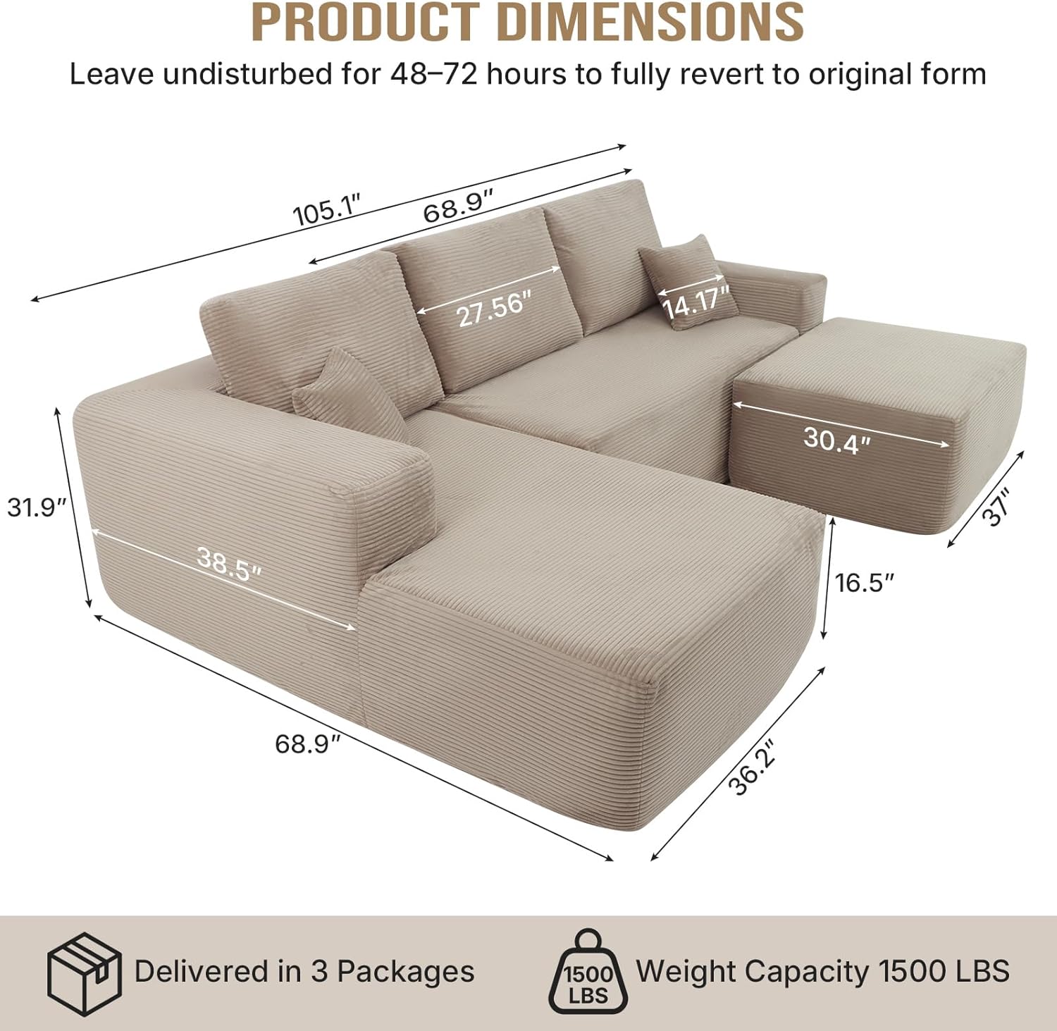Rovibek 105” Modular Sectional Sofa with Chaise, Boneless Couches for Living Room with Deep Seat & Throw Pillow, Comfy Corduroy Fabric U Shaped Couch, No Assembly Required, Camel
