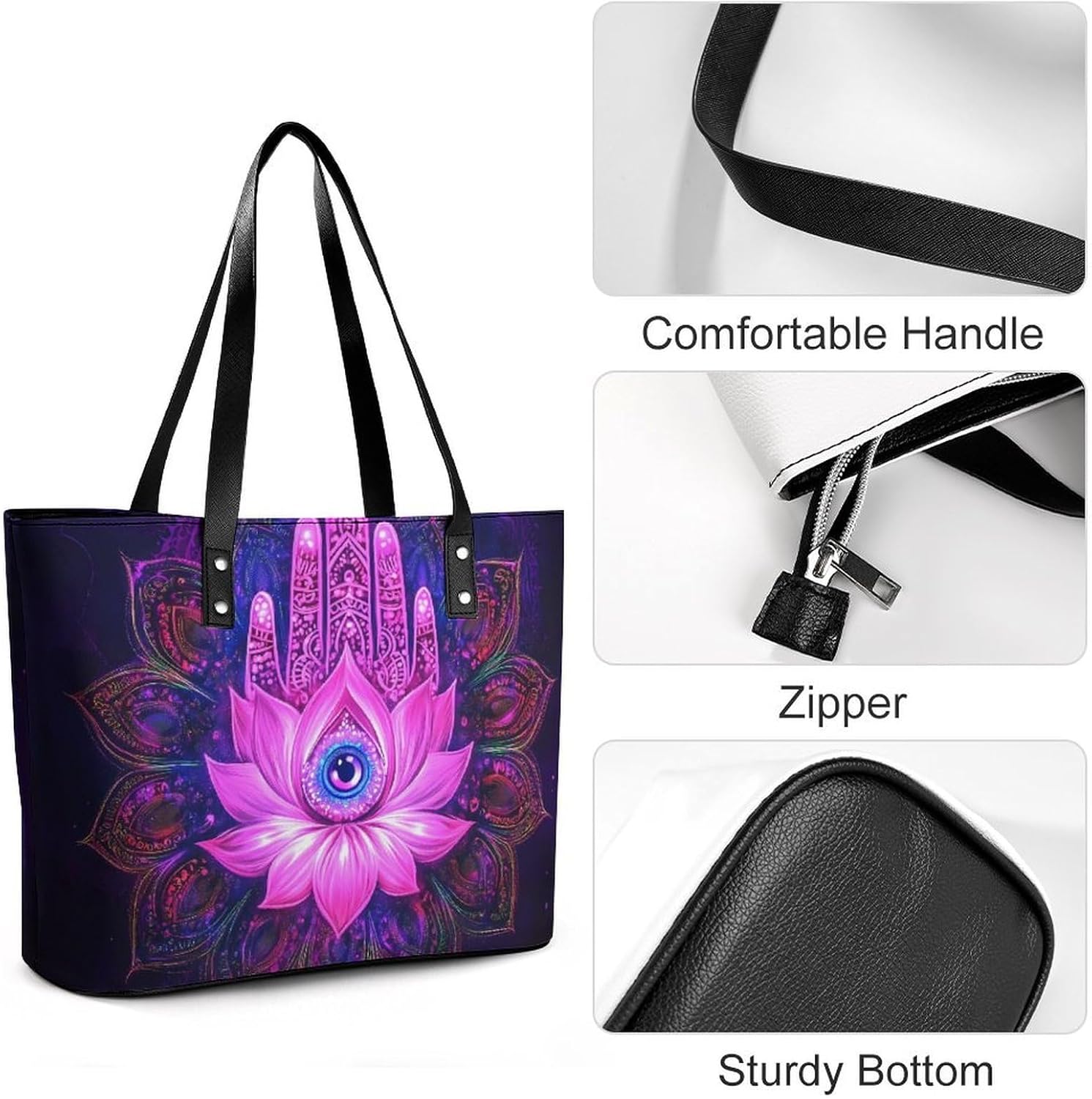 Hamsa Hand with Eye Mandala Pattern Women's Tote Leather Handbag Shoulder Bag Purse for Shopping Travel