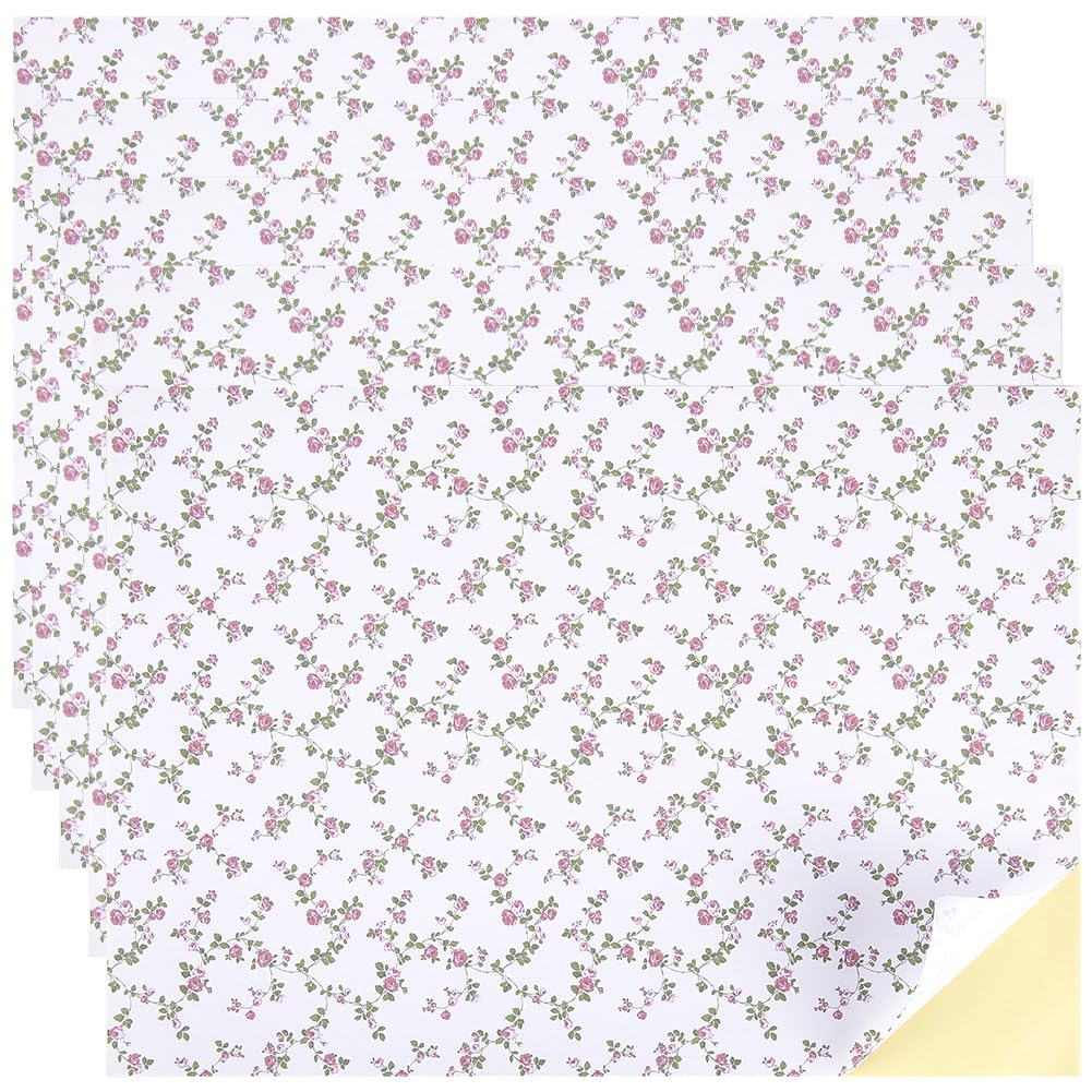 CRASPIRE 6 Sheets Mini House Rose Floral Wallpaper Floorboards Rural Self Adhesive Victorian Vintage Miniature Floor Wall Paper 12.7x8.3in DIY Mini Peel and Stick Decal Stickers Living Room Decoration