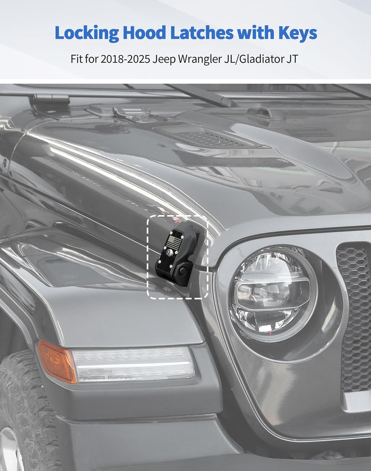 Locking Hood Latches with Keys Compatible with 2018-2025 Jeep Wrangler JL/Gladiator JT, 2pcs Anti-Theft Hood Engine Buckle Lock Catch Bonnet Fastener for Wrangler Exterior Accessories, US Flag