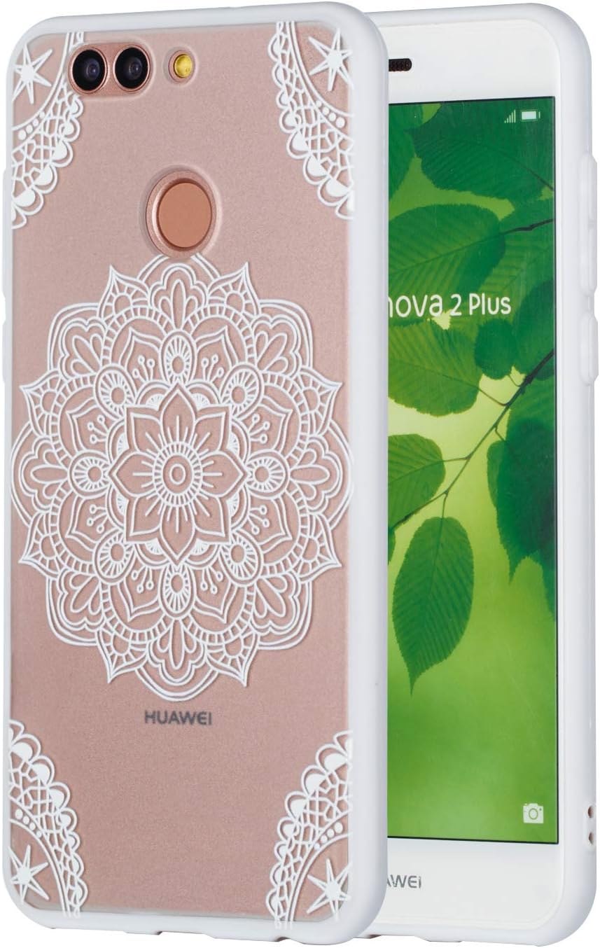 Clear Cover for Huawei Nova 2 Plus, MAOOY Creative White Relief Lace Flower Painted Shell Skin with Hard Plastic Back and Soft Silicone Border for Huawei Nova 2 Plus, White Mandala