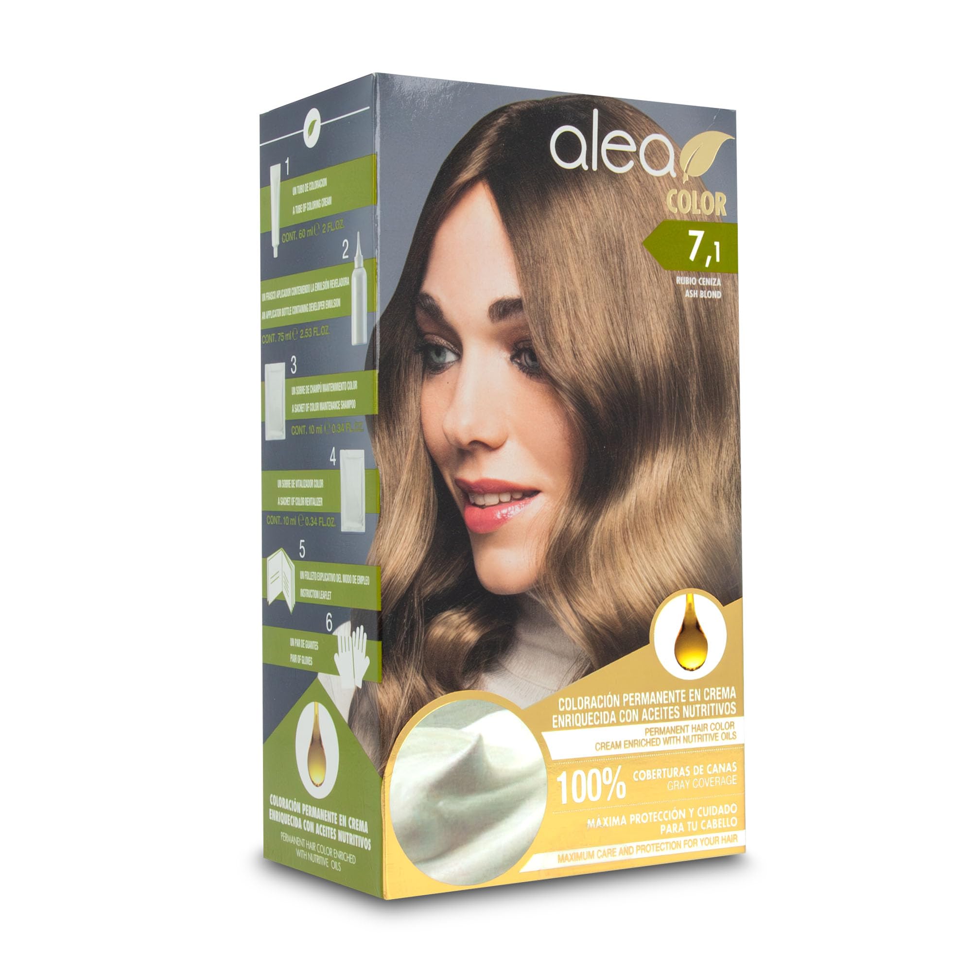 ALEA - Tinte Pelo Mujer - Alea Color - Nº 7.1 K - Color Rubio Ceniza - Coloración Permanente en Crema - con Aceite de Argán y Macadamia - Cobertura de Canas - Máxima Protección y Cuidado