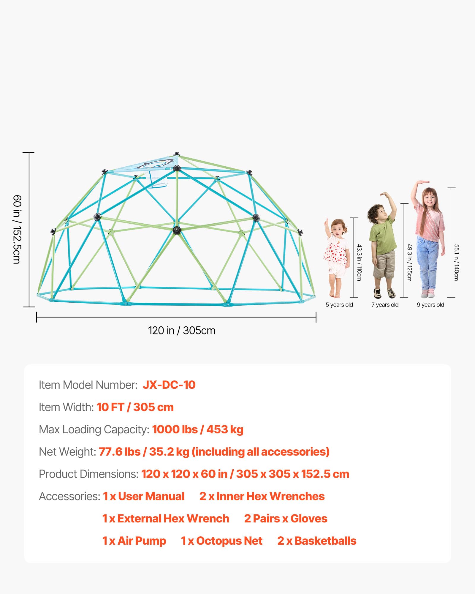 VEVOR Struttura da Arrampicata Geometrica a Cupola Larghezza 305 cm con Palloni da Basket, Carico 453 kg, Attrezzatura da Arrampicata per Bambini dai 3 ai 10 Anni, Parco Giochi Giardino
