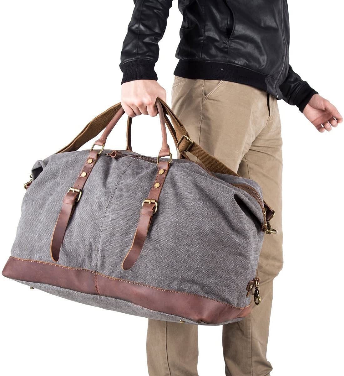 BAOSHA HB-14 Vintage Segeltuch Canvas PU Leder Unisex Handgepäck Reisetasche Sporttasche Weekender Tasche für Kurze Reise am Wochenend Urlaub Arbeitstasche 40 Liter Aktualisiert (Schwarz)
