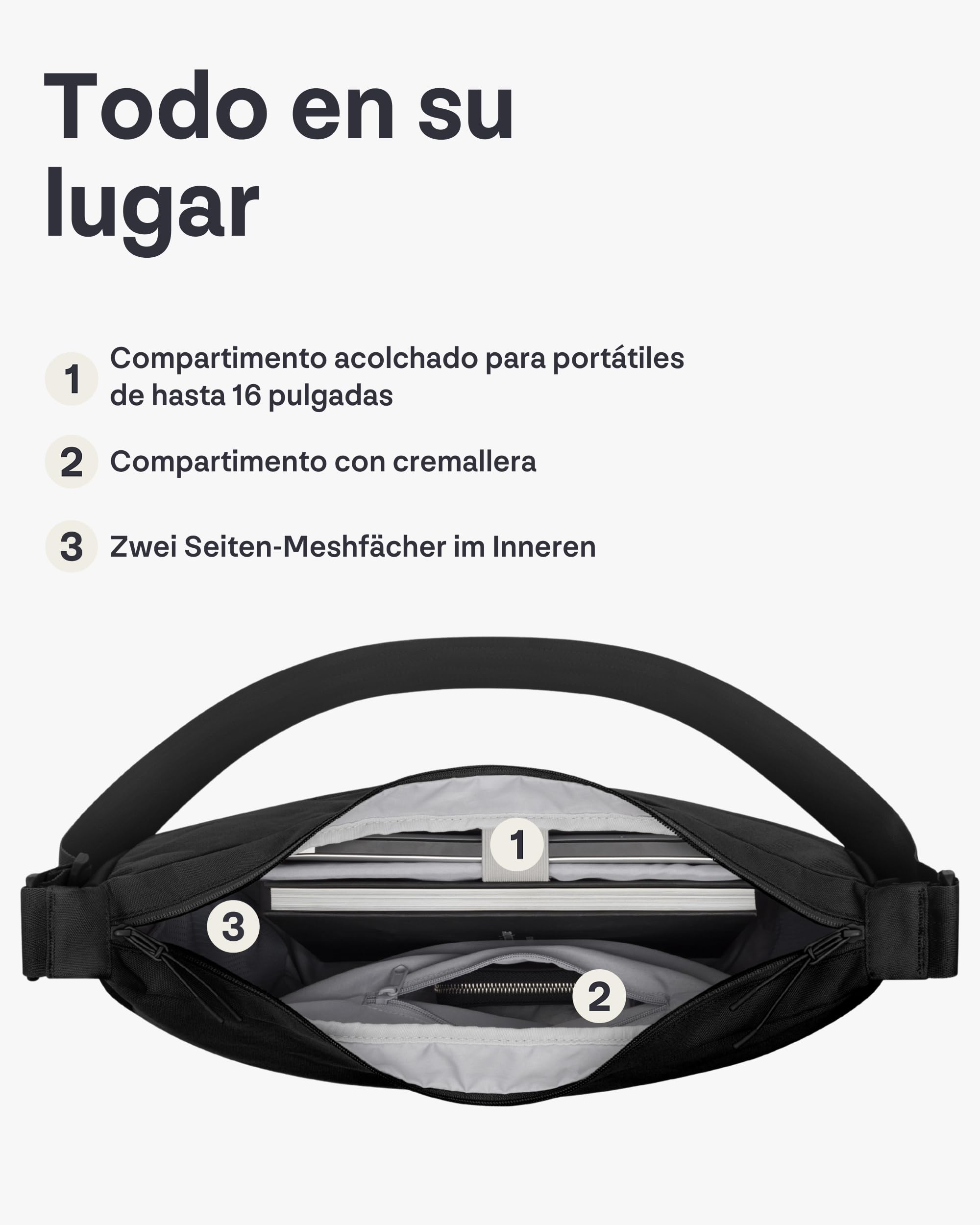 Johnny Urban Bolso Bandolera Mujer Hombres Negro - Ally XL - Half Moon Bag - Bolso Riñonera de Media Luna - Bolsa con Compartimento para Portátil de 16 Pulgadas - Repelente al Agua