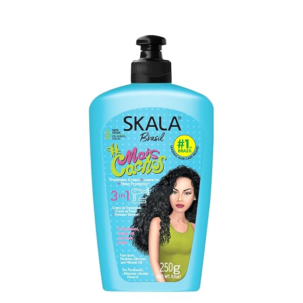 SKALA Mais Cachos 3-in-1 Treatment Cream and Leave-In Conditioner Curl Definition and Heat Protection for Curly Hair Types, 8.8 oz