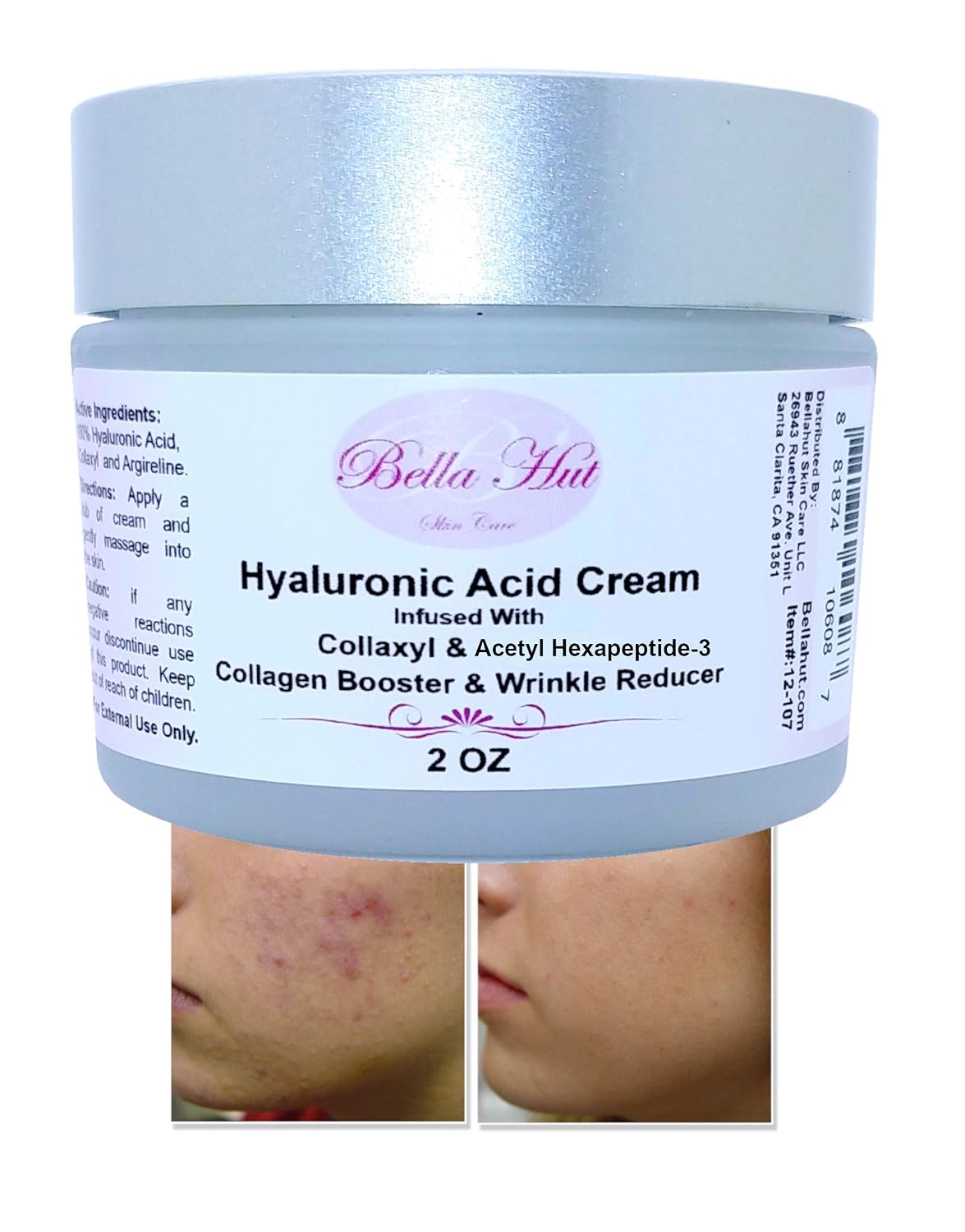 Bellahut 100% Hyaluronic Acid Cream (2 OZ, 16 OZ) Infused With Hexapeptide-9 & Acetyl hexapeptide-3 | Helps to Boost Collagen, Reduce Wrinkle Depth & Length & Fade Acne Scars | MADE IN USA (2 Ounce)