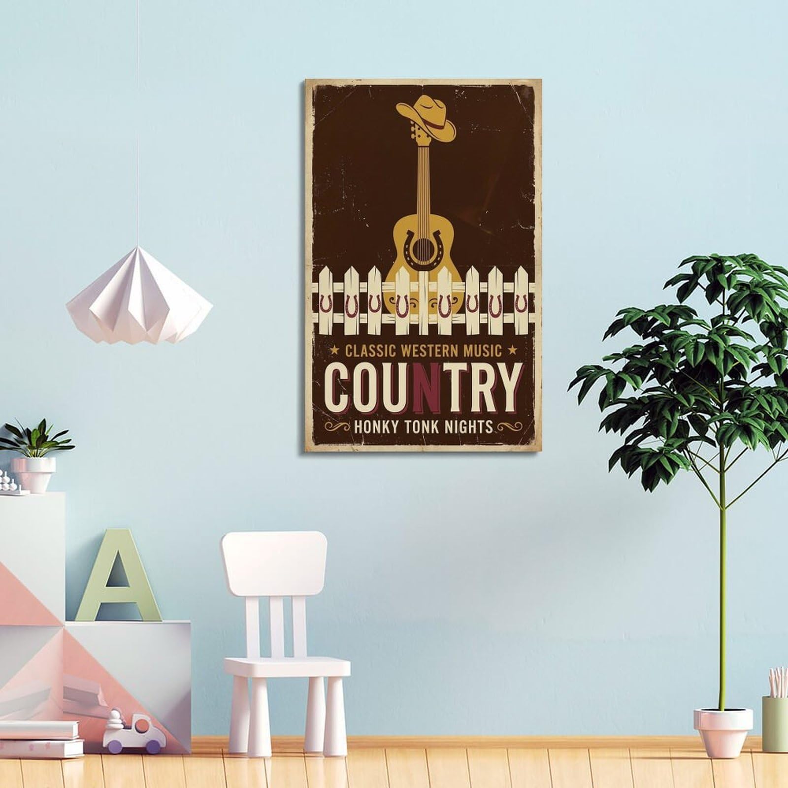 OKNGB Poster decorativo da parete su tela, stile retrò, con cowboy occidentale, chitarra, musica country, poster decorativo moderno per camera da letto, 50 x 75 cm