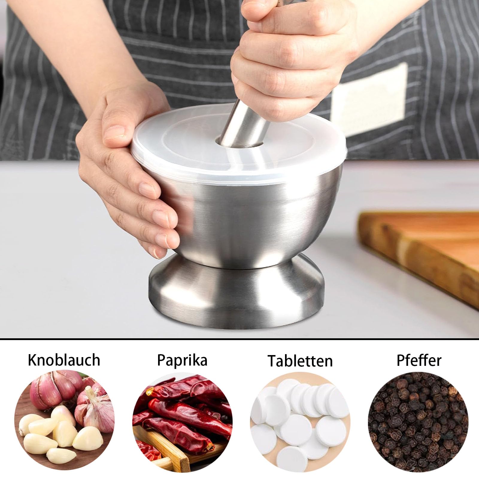 Mortero de Acero Inoxidable 304, 250ml, 10cm, con Cepillo, Cuchara y Tapa de Silicona