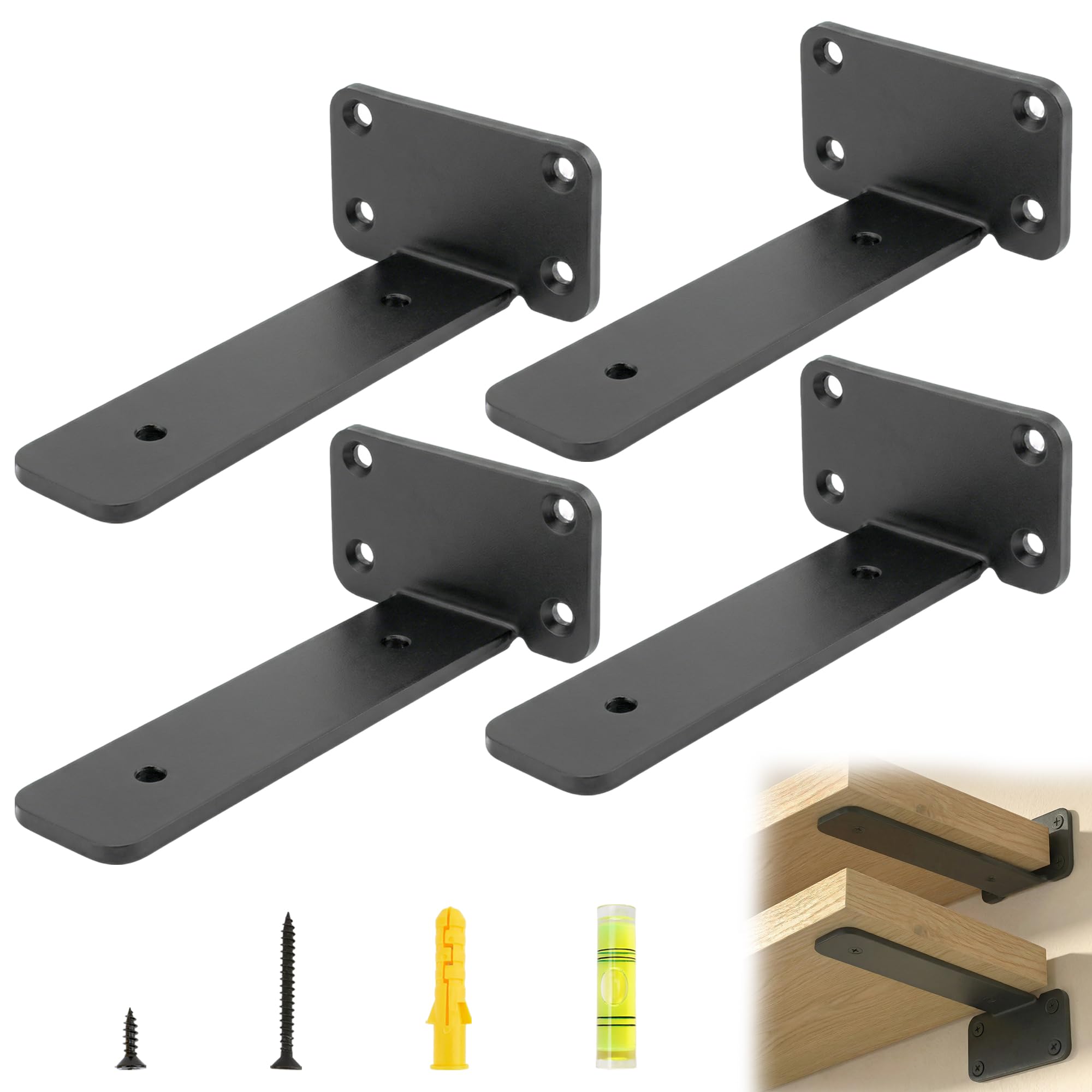 ERMWALR 4Pcs Heavy Duty Shelf Brackets 15cm,Scaffold Board Shelf Brackets,Black Wall Mounted L Shape Hidden Bracket with Screws Cold Rolled Steel Floating Shelving Supports for Kitchen Living Room