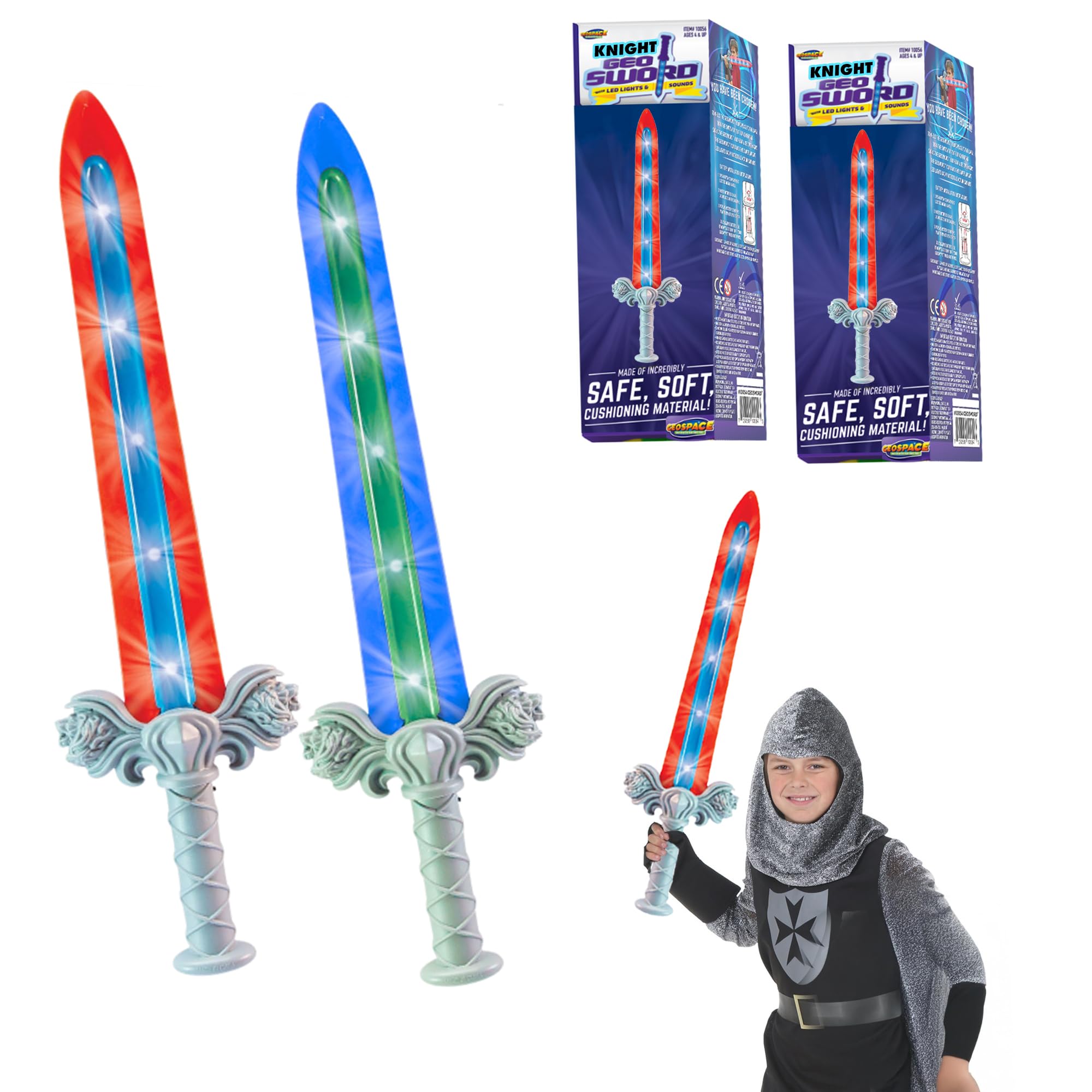 Geospace 23" Knight Geosword Soft & Safe Dueling Toy Swords - 2 Pack with Motion Activated LED Lights & Movement Battle Sounds (Green & Red)