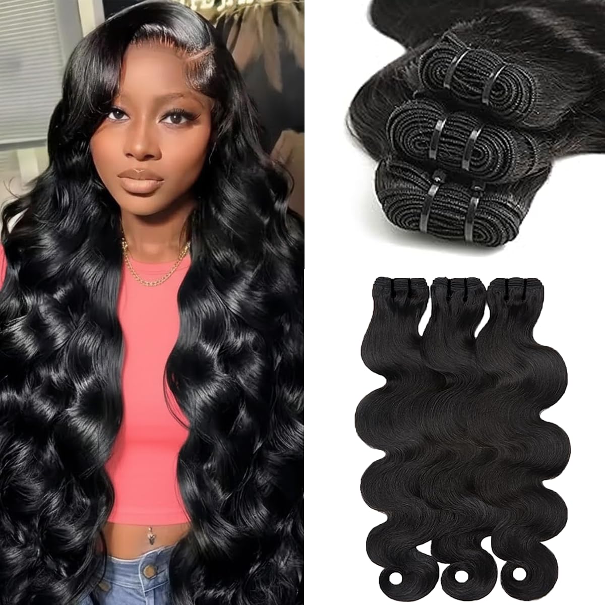 Photo 1 of 14A Human Hair Bundles 12 14 16 18 Inch Body Wave 100% Unprocessed Brazilian Virgin Hair 4 Bundles Human Hair Extensions Quick Weave No Tangle Shedding Silky Soft Natural Black