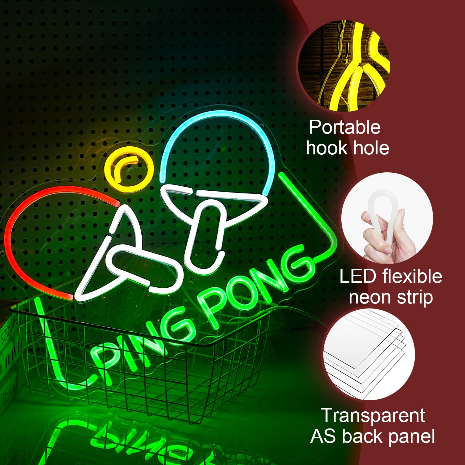 Ping Pong neonowy znak tenisa stołowego LED świecący znak do dekoracji ścian, 16,5 x 11,4 cala, ściemniana przez USB, neonowa lampa do ping ponga, na siłownię, do pokoju gier, sypialni,