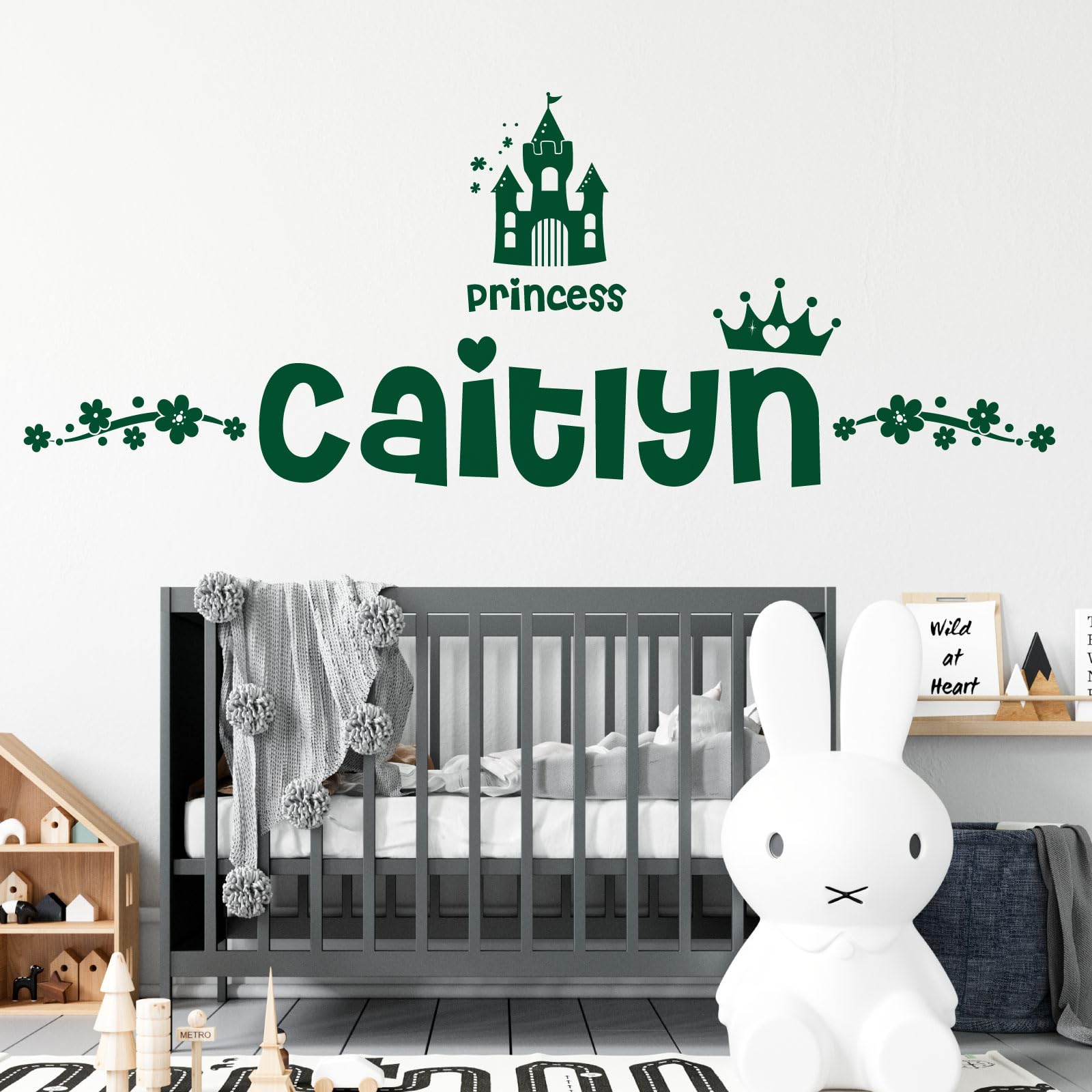 Personalised Name Girls Wall Art Sticker - Princess Disney Castle Crown Floral Motive [Large] [Forest]